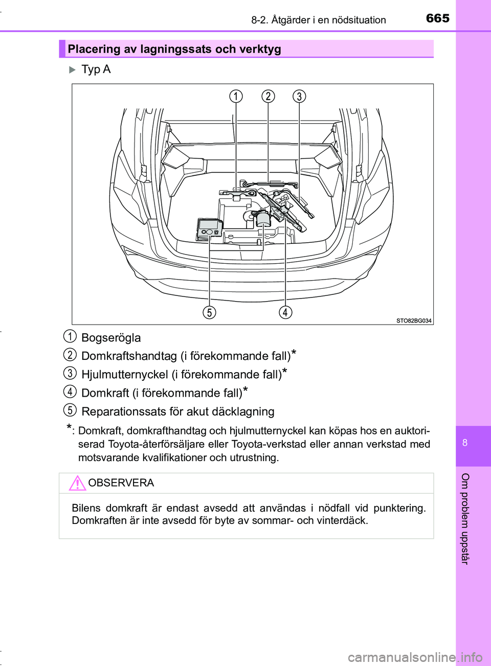 TOYOTA C-HR 2017  Bruksanvisningar (in Swedish) 6658-2. Åtgärder i en nödsituation
8
Om problem uppstår
OM10528SE
Ty p  A
Bogserögla
Domkraftshandtag (i förekommande fall)
*
Hjulmutternyckel (i förekommande fall)*
Domkraft (i förekommand
