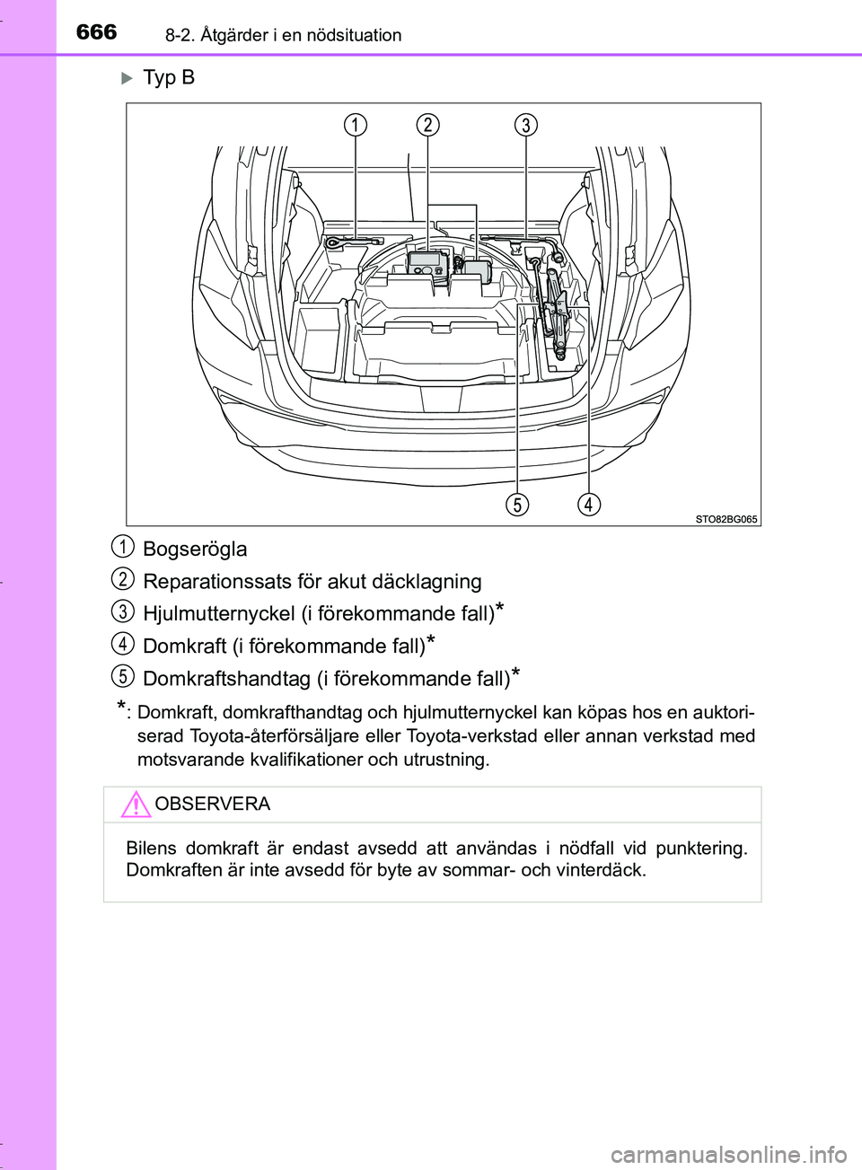 TOYOTA C-HR 2017  Bruksanvisningar (in Swedish) 6668-2. Åtgärder i en nödsituation
OM10528SE
Ty p  B
Bogserögla
Reparationssats för akut däcklagning
Hjulmutternyckel (i förekommande fall)
*
Domkraft (i förekommande fall)*
Domkraftshandta