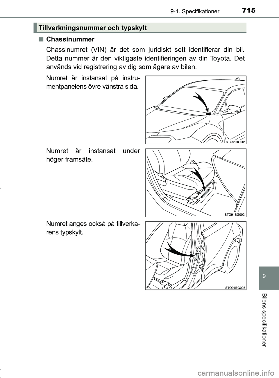 TOYOTA C-HR 2017  Bruksanvisningar (in Swedish) 7159-1. Specifikationer
9
Bilens specifikationer
OM10528SE■
Chassinummer
Chassinumret (VIN) är det som juridiskt sett identifierar din bil.
Detta nummer är den viktigaste identifieringen av din To