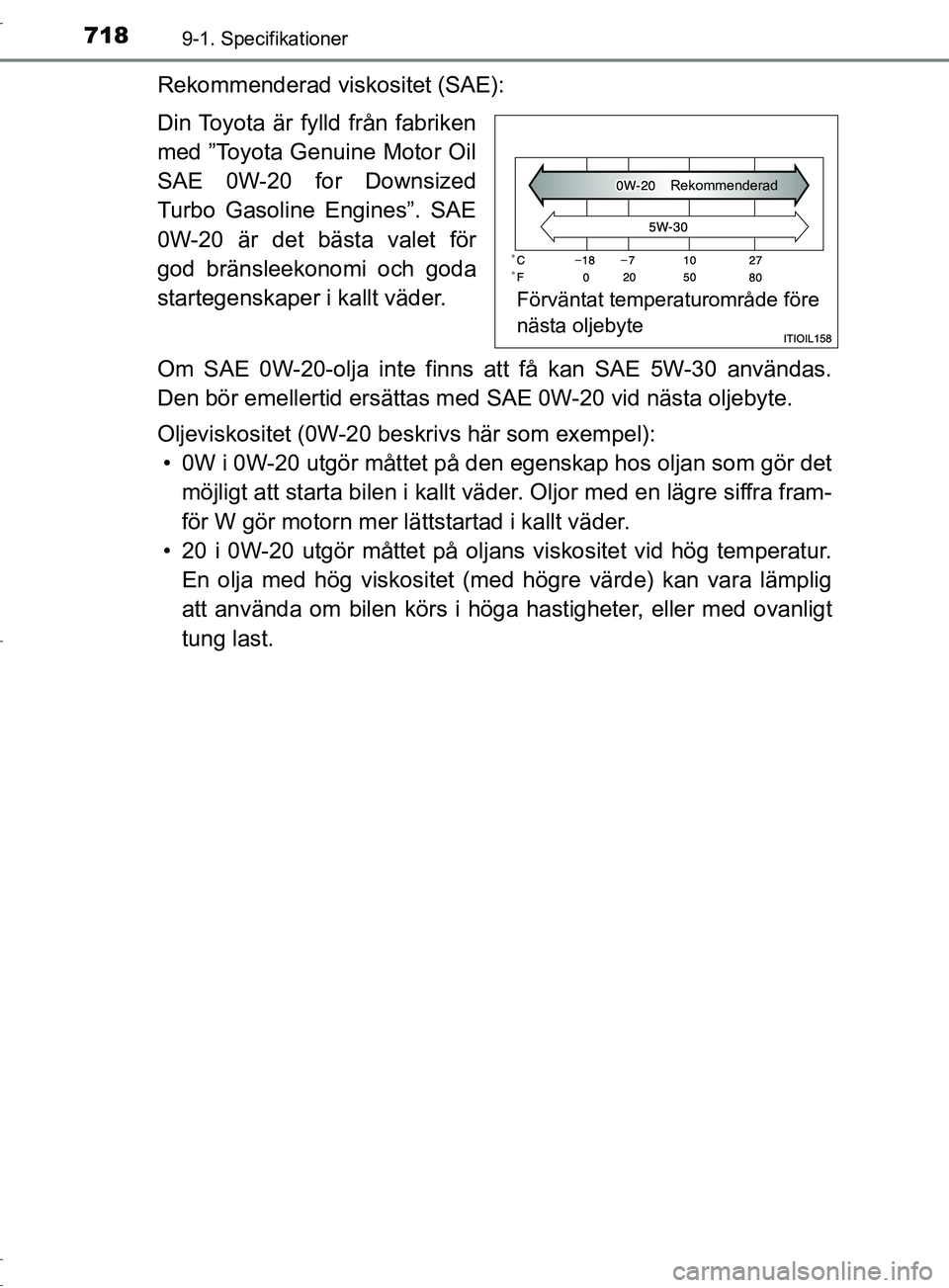 TOYOTA C-HR 2017 Bruksanvisningar (in Swedish) 7189-1. Specifikationer
OM10528SE
Rekommenderad viskositet (SAE):
Din Toyota är fylld från fabriken
med ”Toyota Genuine Motor Oil
SAE 0W-20 for Downsized
Turbo Gasoline Engines”. SAE
0W-20 är d TOYOTA C-HR 2017 Bruksanvisningar (in Swedish) 7189-1. Specifikationer
OM10528SE
Rekommenderad viskositet (SAE):
Din Toyota är fylld från fabriken
med ”Toyota Genuine Motor Oil
SAE 0W-20 for Downsized
Turbo Gasoline Engines”. SAE
0W-20 är d