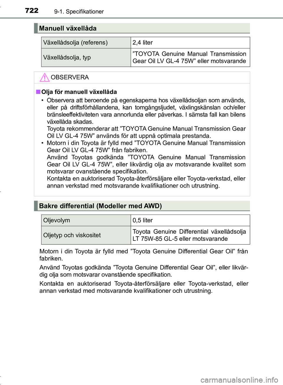 TOYOTA C-HR 2017  Bruksanvisningar (in Swedish) 7229-1. Specifikationer
OM10528SEMotorn i din Toyota är fylld med ”Toyota Genuine Differential Gear Oil” från
fabriken.
Använd Toyotas godkända ”Toyota Genuine 
Differential Gear Oil”, ell
