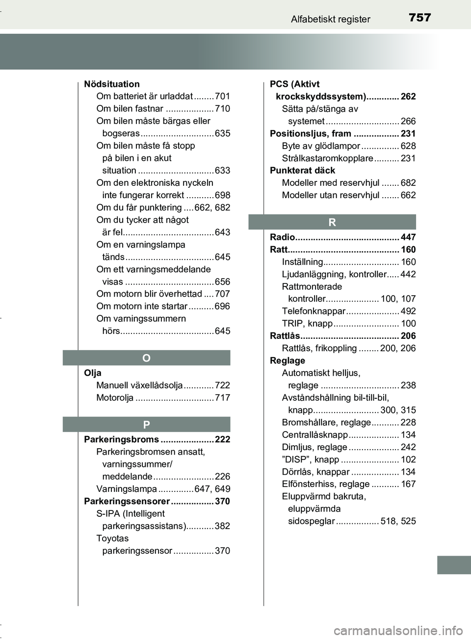 TOYOTA C-HR 2017 Bruksanvisningar (in Swedish) 757Alfabetiskt register
OM10528SE
NödsituationOm batteriet är urladdat ........ 701
Om bilen fastnar ................... 710
Om bilen måste bärgas eller bogseras ............................. 635
TOYOTA C-HR 2017 Bruksanvisningar (in Swedish) 757Alfabetiskt register
OM10528SE
NödsituationOm batteriet är urladdat ........ 701
Om bilen fastnar ................... 710
Om bilen måste bärgas eller bogseras ............................. 635
