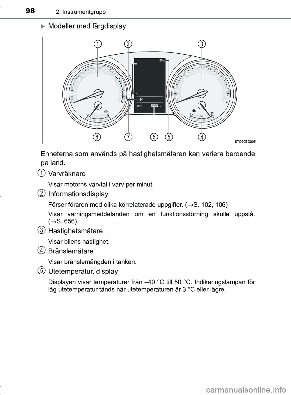 TOYOTA C-HR 2017 Bruksanvisningar (in Swedish) 982. Instrumentgrupp
OM10528SE
Modeller med färgdisplay
Enheterna som används på hastig hetsmätaren kan variera beroende
på land.
Varvräknare
Visar motorns varvtal i varv per minut.
Informati TOYOTA C-HR 2017 Bruksanvisningar (in Swedish) 982. Instrumentgrupp
OM10528SE
Modeller med färgdisplay
Enheterna som används på hastig hetsmätaren kan variera beroende
på land.
Varvräknare
Visar motorns varvtal i varv per minut.
Informati