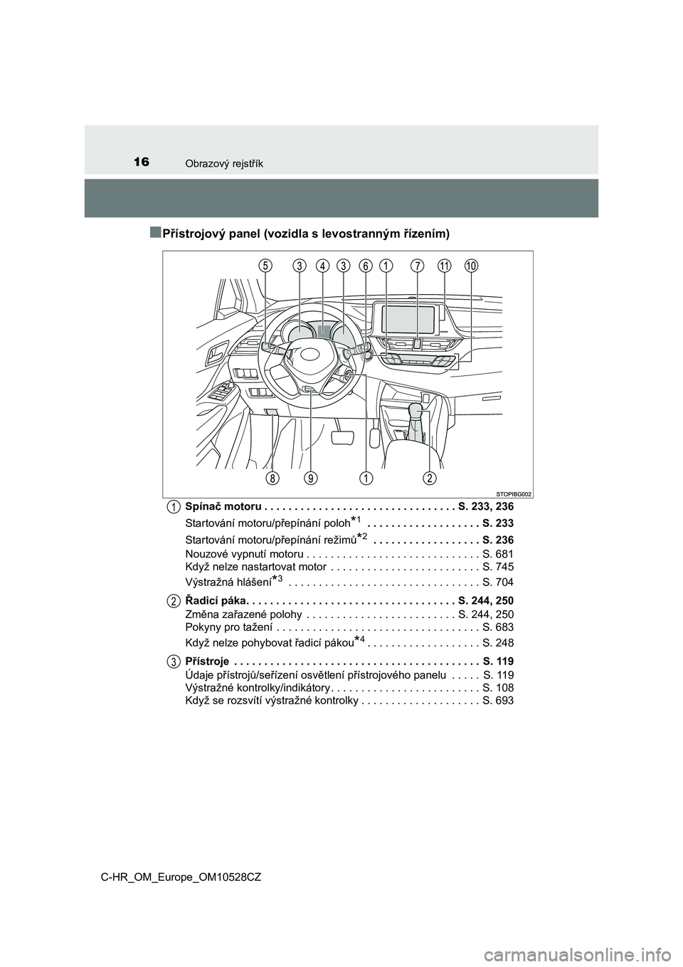 TOYOTA C-HR 2017  Návod na použití (in Czech) 16Obrazový rejstřík
C-HR_OM_Europe_OM10528CZ
■Přístrojový panel (vozidla s levostranným řízením)
Spínač motoru . . . . . . . . . . . . . . . . . . . . . . . . . . . . . . . . S. 233, 236