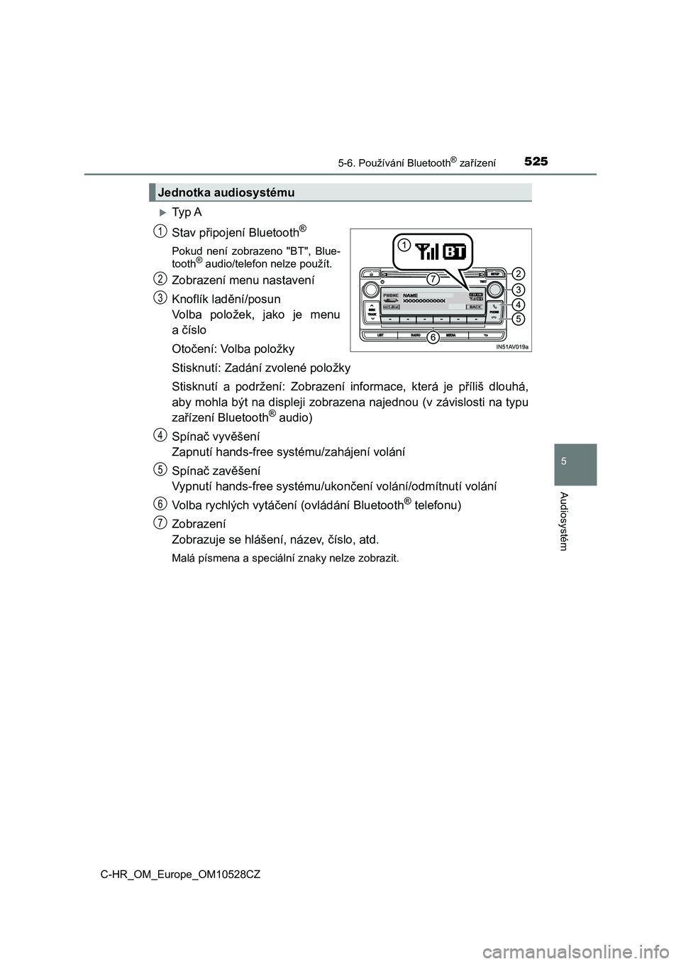 TOYOTA C-HR 2016  Návod na použití (in Czech) 5255-6. Používání Bluetooth® zařízení
5
Audiosystém
C-HR_OM_Europe_OM10528CZ
Ty p  A 
Stav připojení Bluetooth®
Pokud  není  zobrazeno  "BT",  Blue- 
tooth® audio/telefon nelz