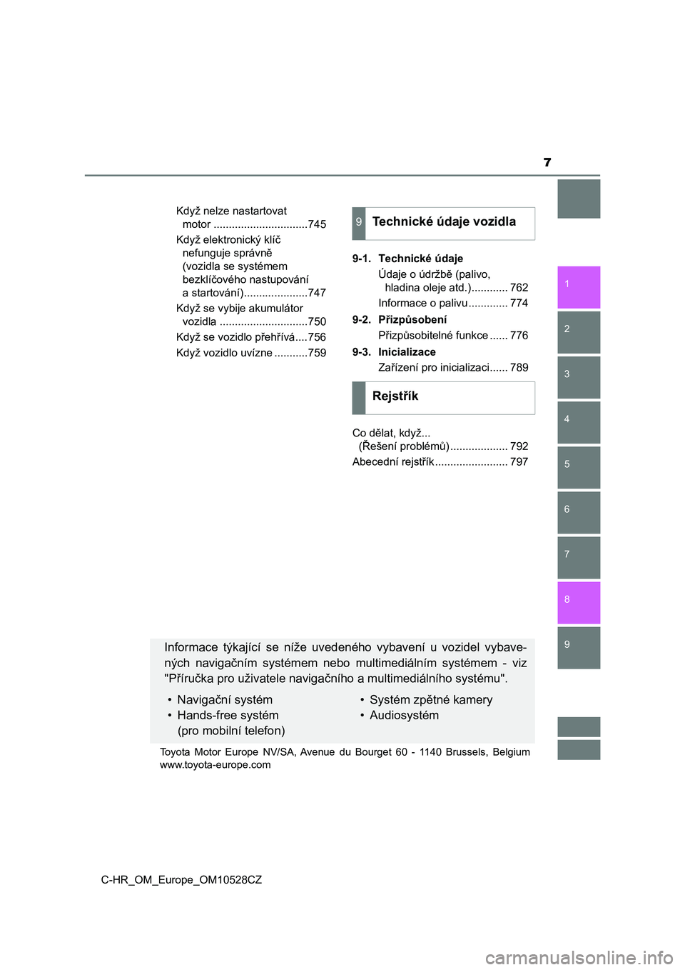 TOYOTA C-HR 2017  Návod na použití (in Czech) 7
1
9 8
7 5 4
3
2
C-HR_OM_Europe_OM10528CZ
6
Když nelze nastartovat 
motor ...............................745
Když elektronický klíč 
nefunguje správně 
(vozidla se systémem 
bezklíčového n