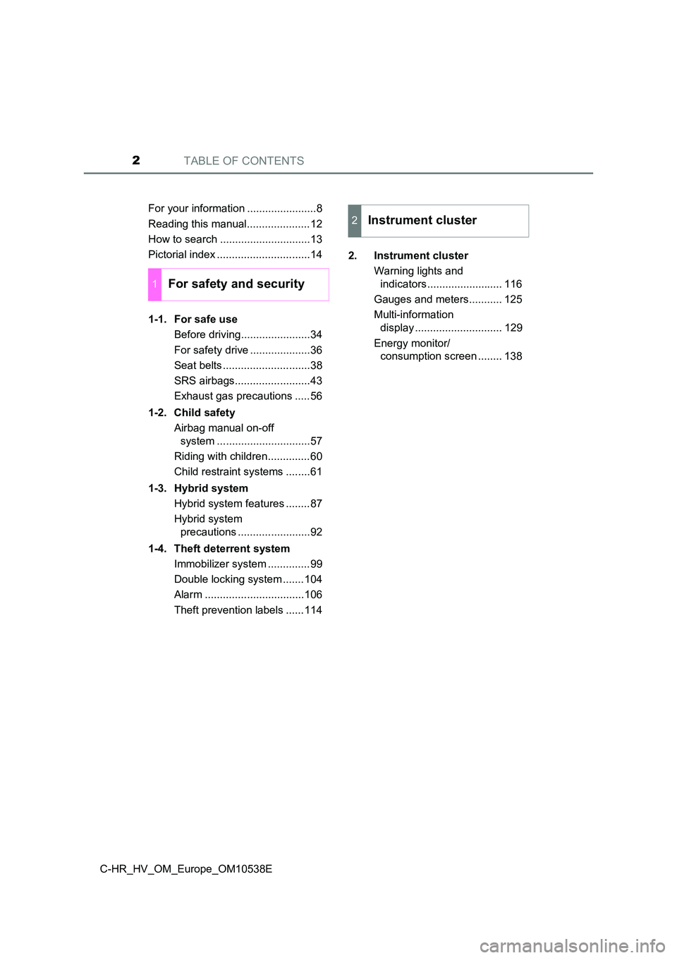 TOYOTA C_HR HYBRID 2017 Owners Manual TABLE OF CONTENTS2
C-HR_HV_OM_Europe_OM10538E
For your information .......................8
Reading this manual.....................12
How to search ..............................13
Pictorial inde TOYOTA C_HR HYBRID 2017 Owners Manual TABLE OF CONTENTS2
C-HR_HV_OM_Europe_OM10538E
For your information .......................8
Reading this manual.....................12
How to search ..............................13
Pictorial inde