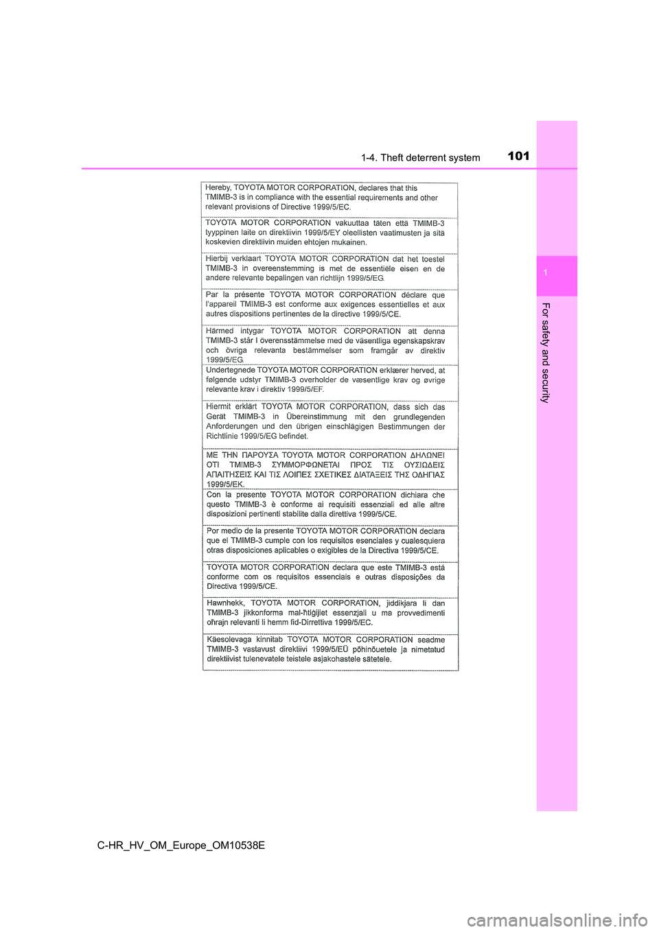 TOYOTA C_HR HYBRID 2017  Owners Manual 1011-4. Theft deterrent system
1
For safety and security
C-HR_HV_OM_Europe_OM10538E 