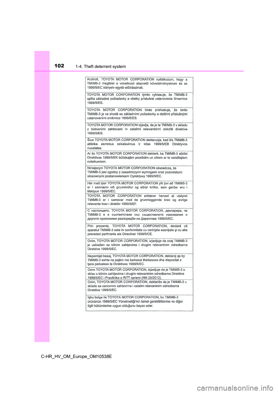 TOYOTA C_HR HYBRID 2017  Owners Manual 1021-4. Theft deterrent system
C-HR_HV_OM_Europe_OM10538E 