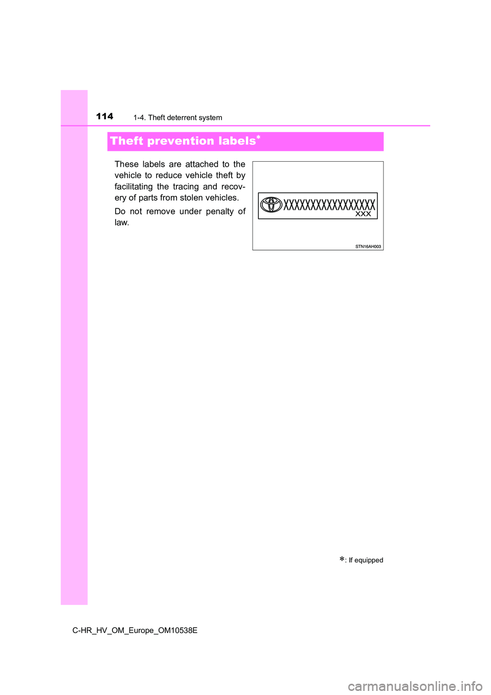 TOYOTA C_HR HYBRID 2017  Owners Manual 1141-4. Theft deterrent system
C-HR_HV_OM_Europe_OM10538E
Theft prevention labels
These labels are attached to the 
vehicle to reduce vehicle theft by 
facilitating the tracing and recov- 
ery of p