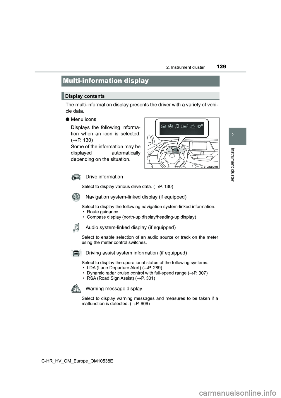 TOYOTA C_HR HYBRID 2017 Owners Manual 129
2
2. Instrument cluster
Instrument cluster
C-HR_HV_OM_Europe_OM10538E
Multi-information display
The multi-information display presents the driver with a variety of vehi-
cle data.
● Menu icons TOYOTA C_HR HYBRID 2017 Owners Manual 129
2
2. Instrument cluster
Instrument cluster
C-HR_HV_OM_Europe_OM10538E
Multi-information display
The multi-information display presents the driver with a variety of vehi-
cle data.
● Menu icons