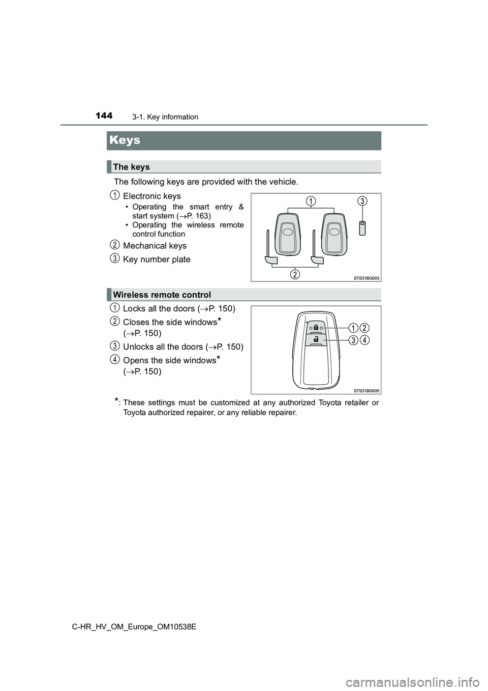 TOYOTA C_HR HYBRID 2017 Owners Manual 1443-1. Key information
C-HR_HV_OM_Europe_OM10538E
Keys
The following keys are provided with the vehicle.
Electronic keys
• Operating the smart entry &
start system ( P. 163)
• Operating the TOYOTA C_HR HYBRID 2017 Owners Manual 1443-1. Key information
C-HR_HV_OM_Europe_OM10538E
Keys
The following keys are provided with the vehicle.
Electronic keys
• Operating the smart entry &
start system ( P. 163)
• Operating the