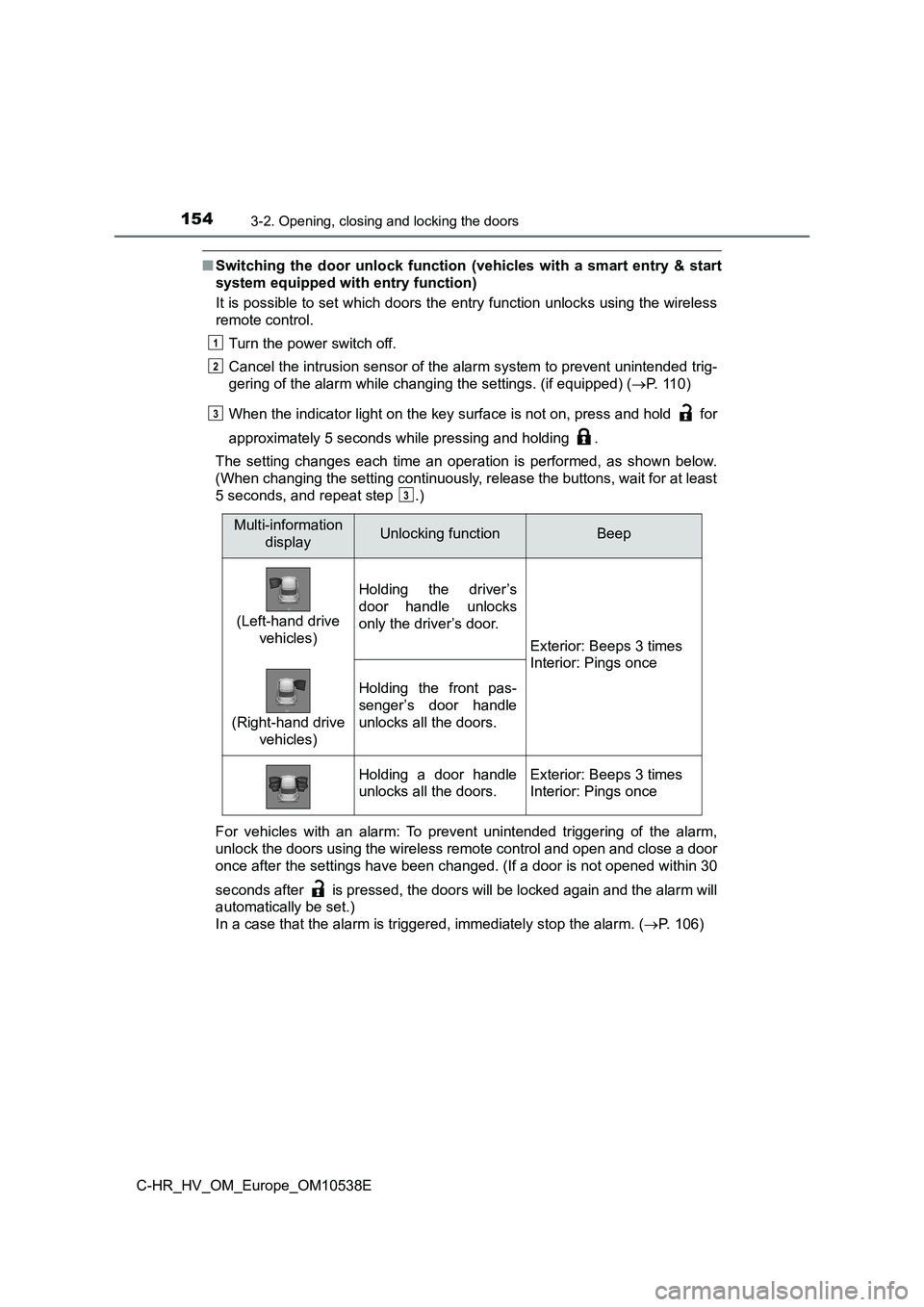 TOYOTA C_HR HYBRID 2017 Owners Manual 1543-2. Opening, closing and locking the doors
C-HR_HV_OM_Europe_OM10538E
■Switching the door unlock function (vehicles with a smart entry & start
system equipped with entry function)
It is possib TOYOTA C_HR HYBRID 2017 Owners Manual 1543-2. Opening, closing and locking the doors
C-HR_HV_OM_Europe_OM10538E
■Switching the door unlock function (vehicles with a smart entry & start
system equipped with entry function)
It is possib
