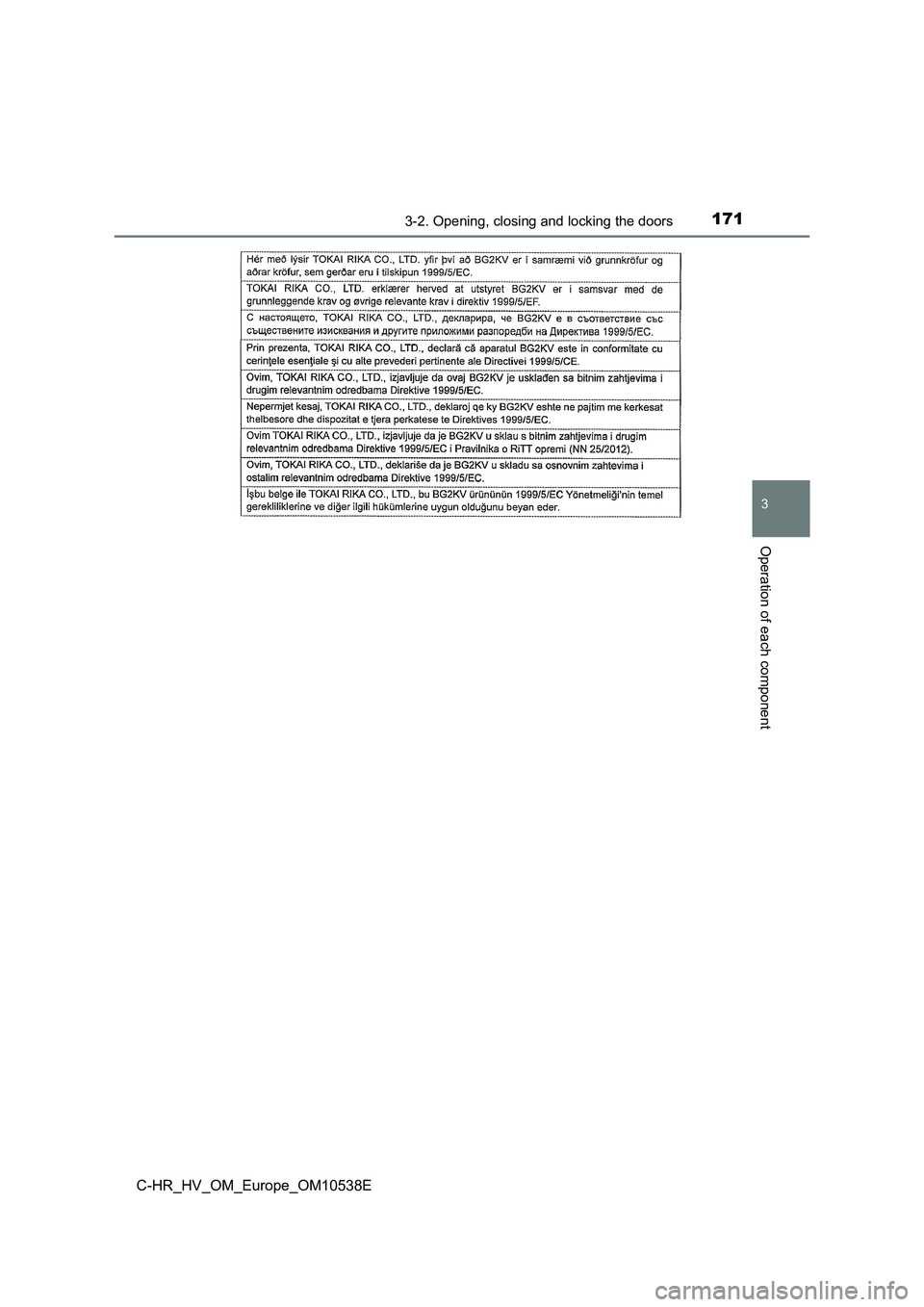 TOYOTA C_HR HYBRID 2017  Owners Manual 1713-2. Opening, closing and locking the doors
3
Operation of each component
C-HR_HV_OM_Europe_OM10538E 