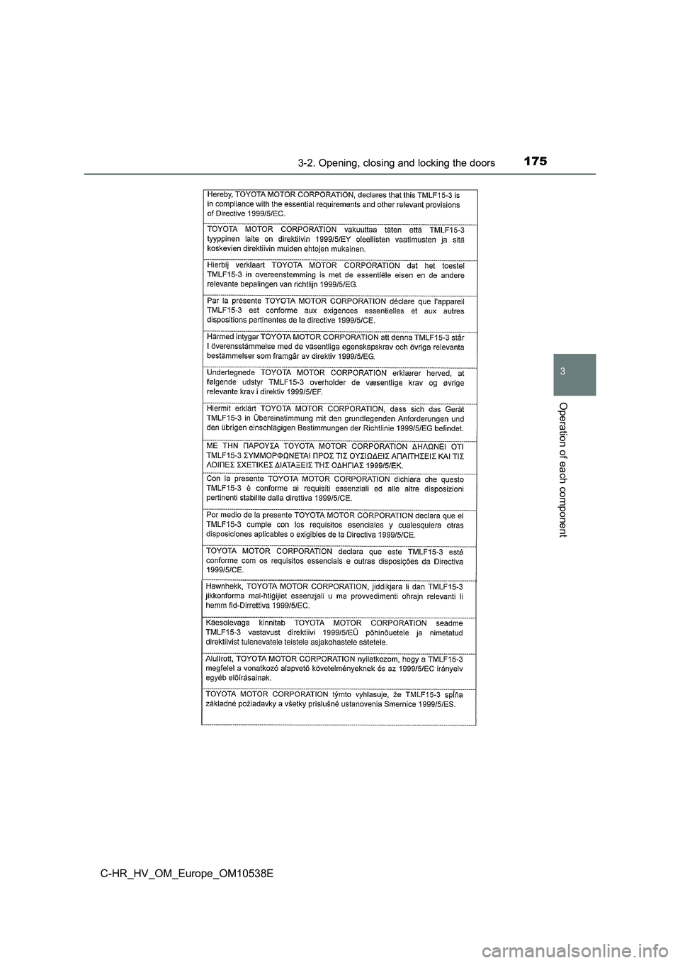 TOYOTA C_HR HYBRID 2017  Owners Manual 1753-2. Opening, closing and locking the doors
3
Operation of each component
C-HR_HV_OM_Europe_OM10538E 