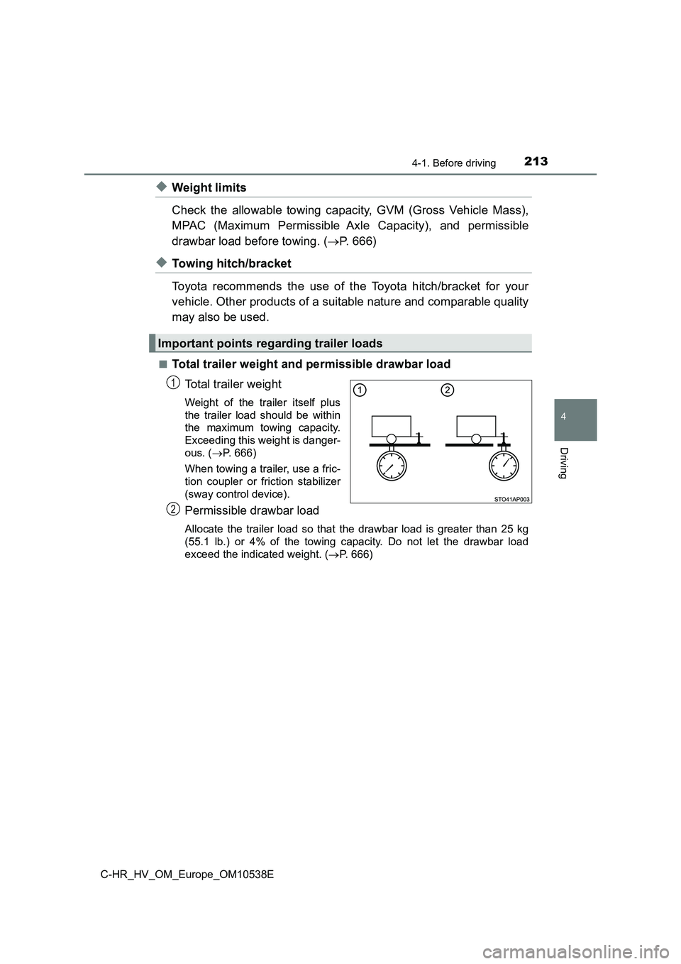 TOYOTA C_HR HYBRID 2017 Owners Manual 2134-1. Before driving
4
Driving
C-HR_HV_OM_Europe_OM10538E
◆Weight limits
Check the allowable towing capacity, GVM (Gross Vehicle Mass),
MPAC (Maximum Permissible Axle Capacity), and permissible TOYOTA C_HR HYBRID 2017 Owners Manual 2134-1. Before driving
4
Driving
C-HR_HV_OM_Europe_OM10538E
◆Weight limits
Check the allowable towing capacity, GVM (Gross Vehicle Mass),
MPAC (Maximum Permissible Axle Capacity), and permissible