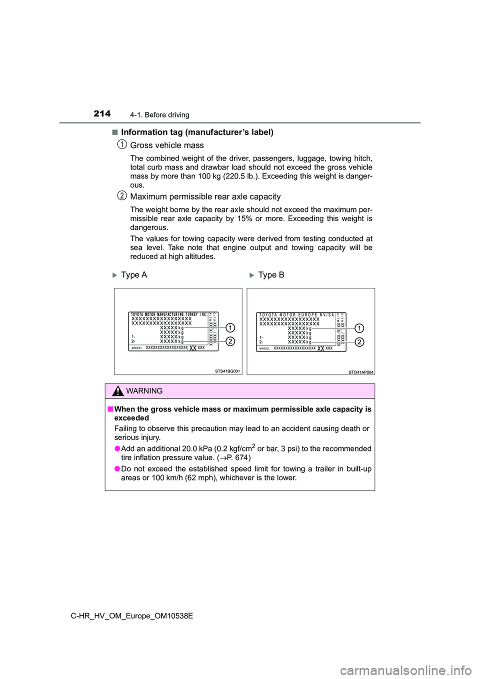 TOYOTA C_HR HYBRID 2017 Owners Manual 2144-1. Before driving
C-HR_HV_OM_Europe_OM10538E
■Information tag (manufacturer’s label)
Gross vehicle mass
The combined weight of the driver, passengers, luggage, towing hitch,
total curb mas TOYOTA C_HR HYBRID 2017 Owners Manual 2144-1. Before driving
C-HR_HV_OM_Europe_OM10538E
■Information tag (manufacturer’s label)
Gross vehicle mass
The combined weight of the driver, passengers, luggage, towing hitch,
total curb mas