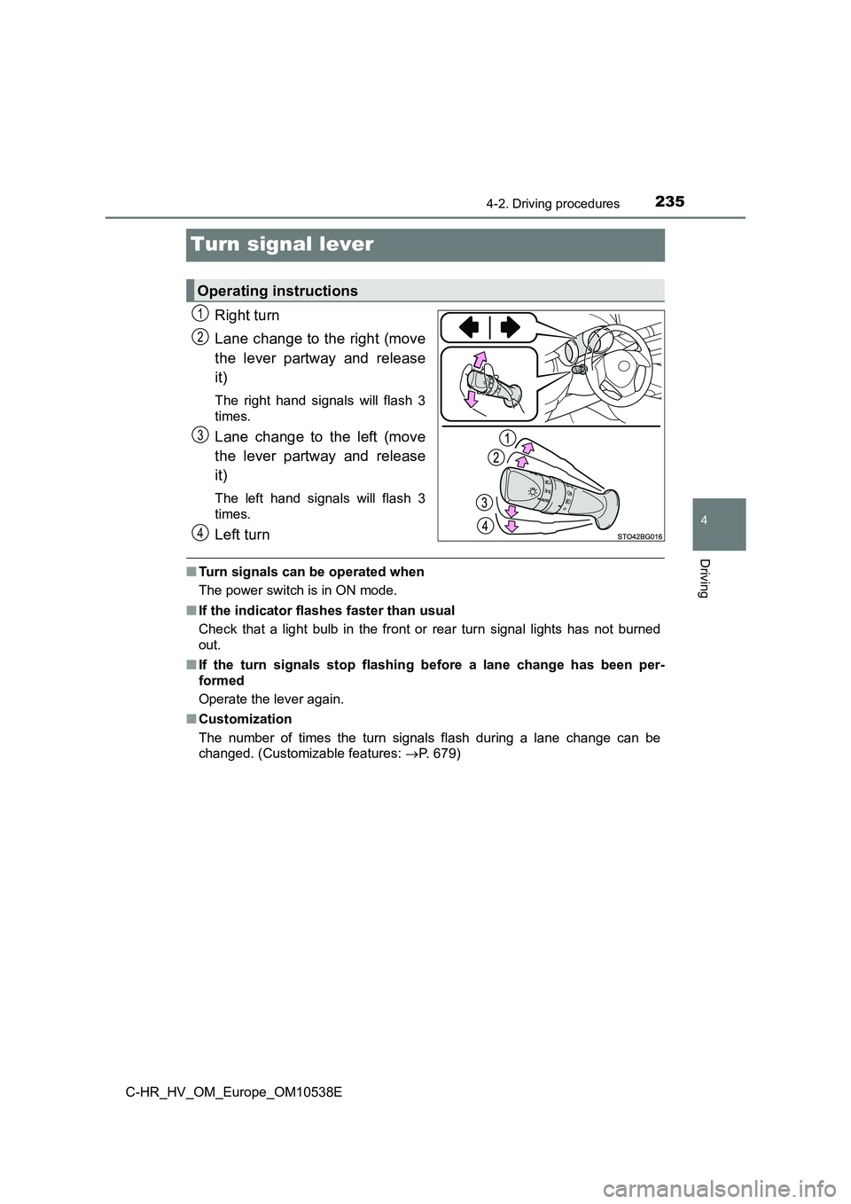 TOYOTA C_HR HYBRID 2017 Owners Manual 235
4
4-2. Driving procedures
Driving
C-HR_HV_OM_Europe_OM10538E
Turn signal lever
Right turn
Lane change to the right (move
the lever partway and release
it)
The right hand signals will flash 3
t TOYOTA C_HR HYBRID 2017 Owners Manual 235
4
4-2. Driving procedures
Driving
C-HR_HV_OM_Europe_OM10538E
Turn signal lever
Right turn
Lane change to the right (move
the lever partway and release
it)
The right hand signals will flash 3
t