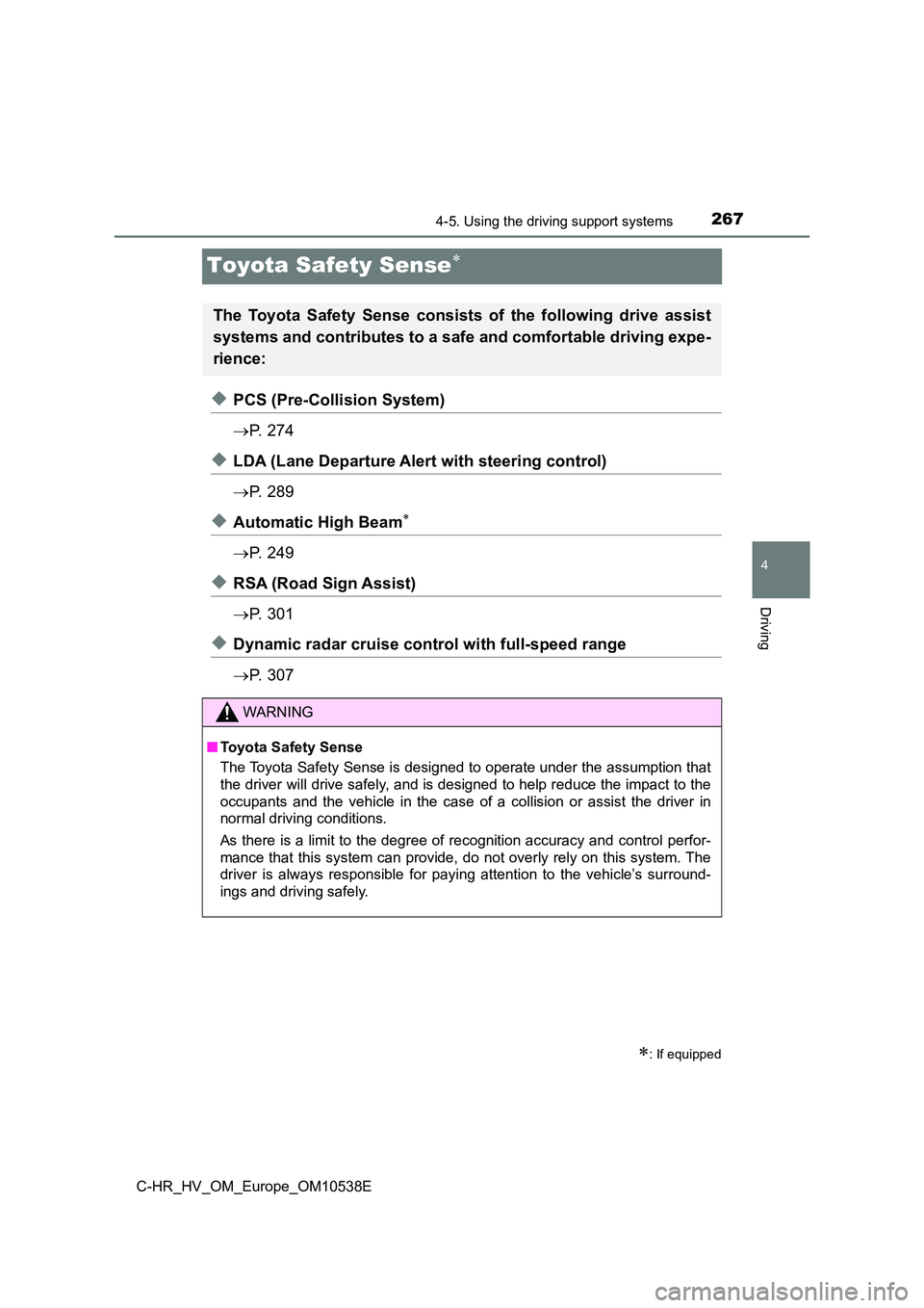 TOYOTA C_HR HYBRID 2017 Owners Manual 267
4
4-5. Using the driving support systems
Driving
C-HR_HV_OM_Europe_OM10538E
Toyota Safety Sense
◆PCS (Pre-Collision System)
P. 2 7 4
◆LDA (Lane Departure Alert with steering control) TOYOTA C_HR HYBRID 2017 Owners Manual 267
4
4-5. Using the driving support systems
Driving
C-HR_HV_OM_Europe_OM10538E
Toyota Safety Sense
◆PCS (Pre-Collision System)
P. 2 7 4
◆LDA (Lane Departure Alert with steering control)