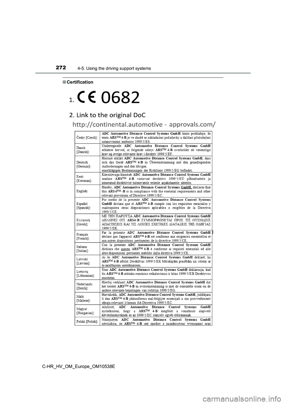 TOYOTA C_HR HYBRID 2017 Owners Manual 2724-5. Using the driving support systems
C-HR_HV_OM_Europe_OM10538E
■Certification TOYOTA C_HR HYBRID 2017 Owners Manual 2724-5. Using the driving support systems
C-HR_HV_OM_Europe_OM10538E
■Certification