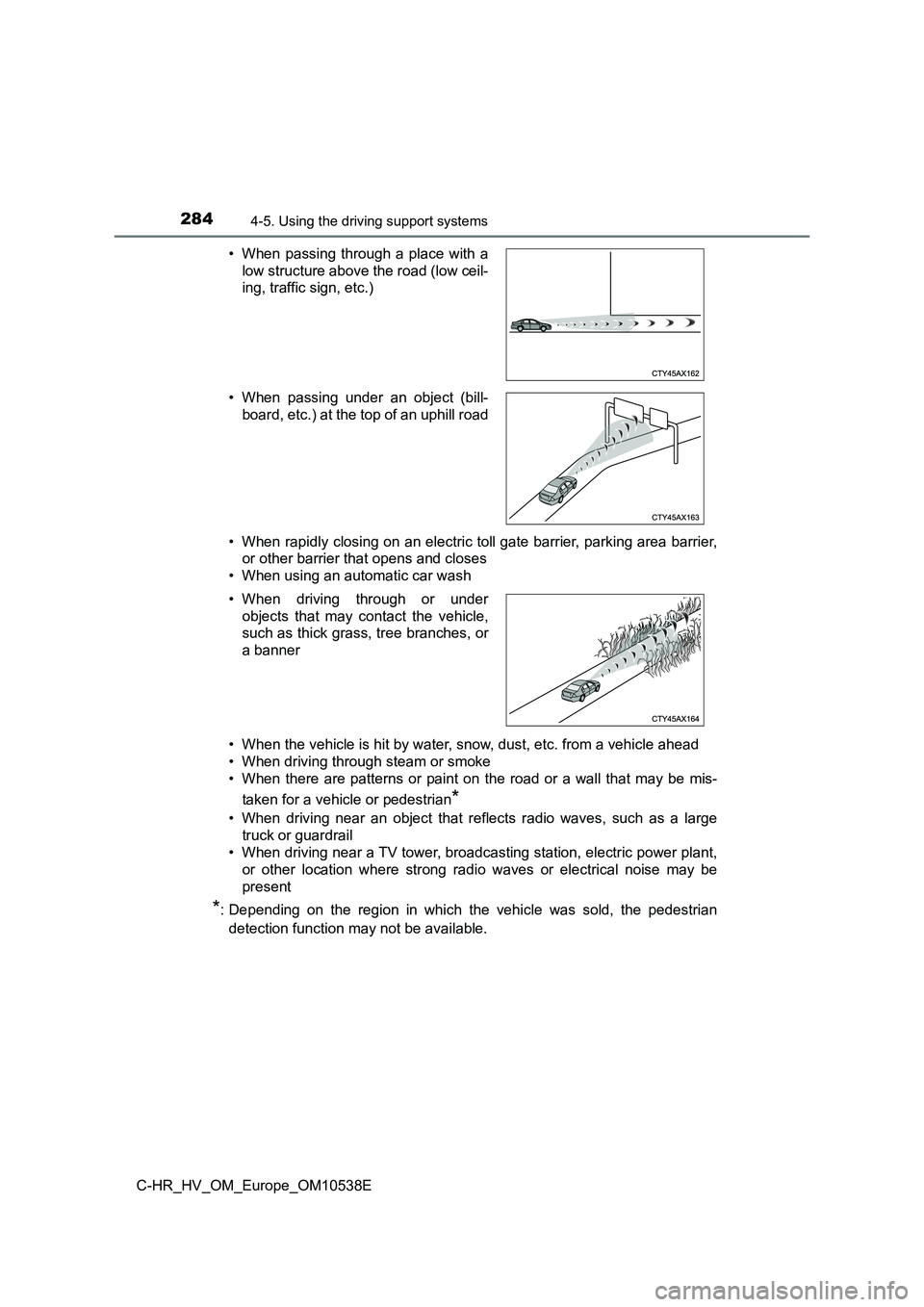 TOYOTA C_HR HYBRID 2017 Owners Manual 2844-5. Using the driving support systems
C-HR_HV_OM_Europe_OM10538E
• When rapidly closing on an electric toll gate barrier, parking area barrier,
or other barrier that opens and closes
• When TOYOTA C_HR HYBRID 2017 Owners Manual 2844-5. Using the driving support systems
C-HR_HV_OM_Europe_OM10538E
• When rapidly closing on an electric toll gate barrier, parking area barrier,
or other barrier that opens and closes
• When