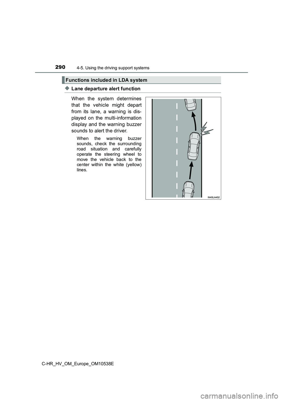 TOYOTA C_HR HYBRID 2017 Owners Manual 2904-5. Using the driving support systems
C-HR_HV_OM_Europe_OM10538E
◆Lane departure alert function
When the system determines
that the vehicle might depart
from its lane, a warning is dis-
play TOYOTA C_HR HYBRID 2017 Owners Manual 2904-5. Using the driving support systems
C-HR_HV_OM_Europe_OM10538E
◆Lane departure alert function
When the system determines
that the vehicle might depart
from its lane, a warning is dis-
play