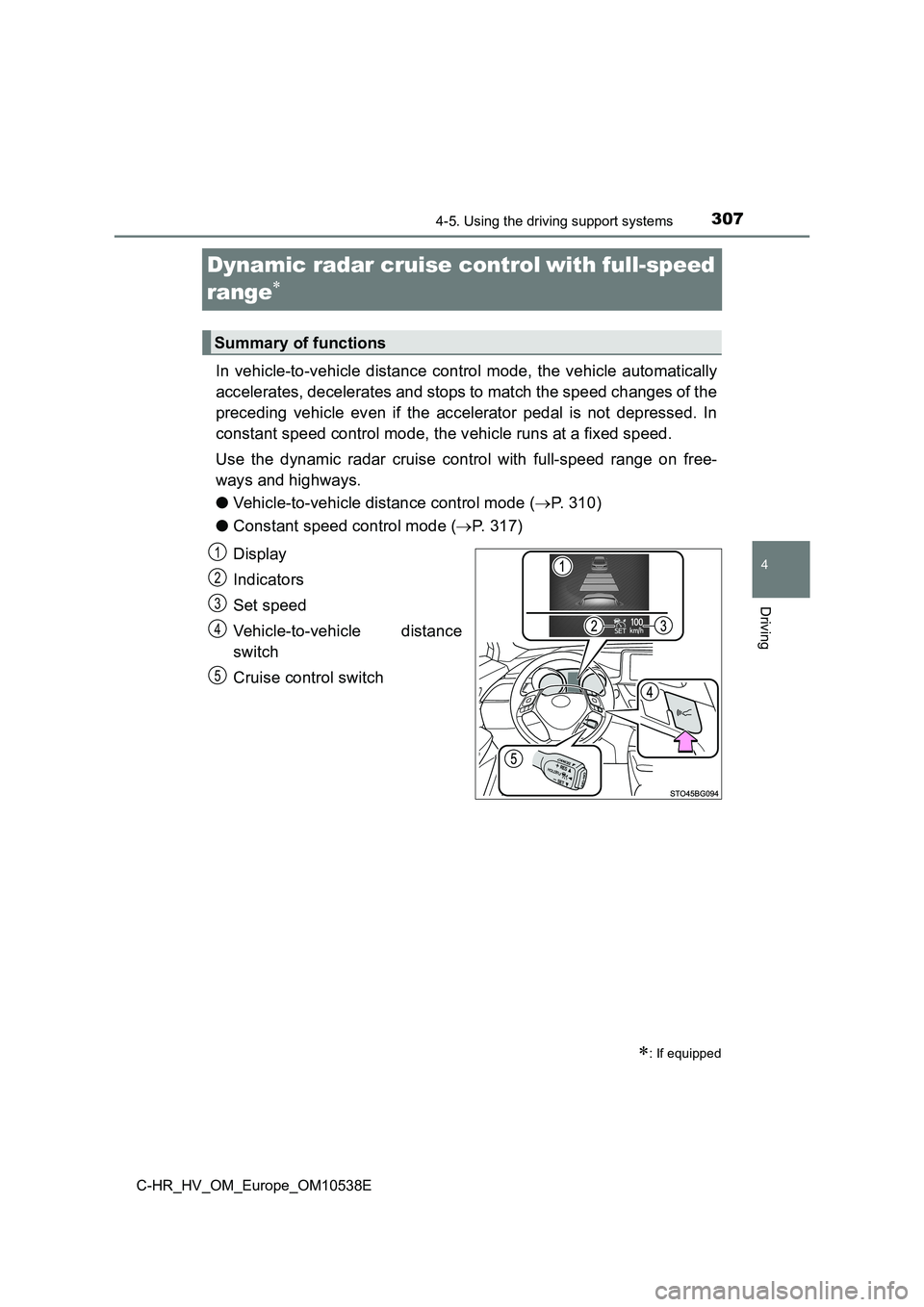 TOYOTA C_HR HYBRID 2017 Owners Manual 307
4
4-5. Using the driving support systems
Driving
C-HR_HV_OM_Europe_OM10538E
Dynamic radar cruise controlwith full-speed
range
In vehicle-to-vehicle distance control mode, the vehicle au TOYOTA C_HR HYBRID 2017 Owners Manual 307
4
4-5. Using the driving support systems
Driving
C-HR_HV_OM_Europe_OM10538E
Dynamic radar cruise controlwith full-speed
range
In vehicle-to-vehicle distance control mode, the vehicle au