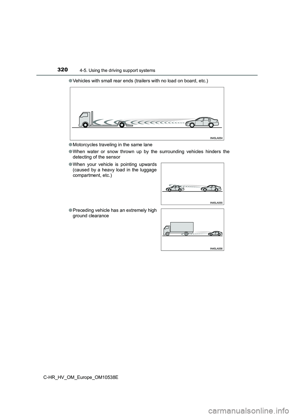 TOYOTA C_HR HYBRID 2017 Owners Manual 3204-5. Using the driving support systems
C-HR_HV_OM_Europe_OM10538E
● Vehicles with small rear ends (trailers with no load on board, etc.)
● Motorcycles traveling in the same lane
● When wat TOYOTA C_HR HYBRID 2017 Owners Manual 3204-5. Using the driving support systems
C-HR_HV_OM_Europe_OM10538E
● Vehicles with small rear ends (trailers with no load on board, etc.)
● Motorcycles traveling in the same lane
● When wat