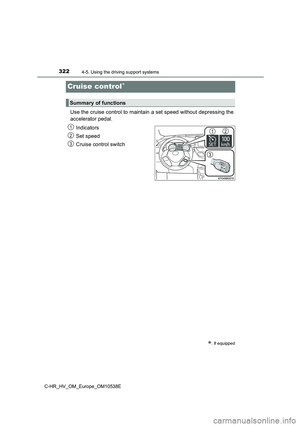 TOYOTA C_HR HYBRID 2017  Owners Manual 3224-5. Using the driving support systems
C-HR_HV_OM_Europe_OM10538E
Cruise control
Use the cruise control to maintain a set speed without depressing the 
accelerator pedal. 
Indicators 
Set speed 