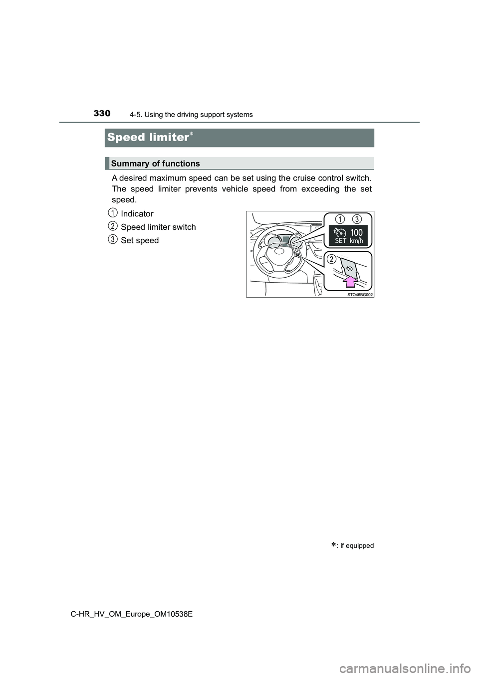 TOYOTA C_HR HYBRID 2017  Owners Manual 3304-5. Using the driving support systems
C-HR_HV_OM_Europe_OM10538E
Speed limiter
A desired maximum speed can be set using the cruise control switch. 
The speed limiter prevents vehicle speed from