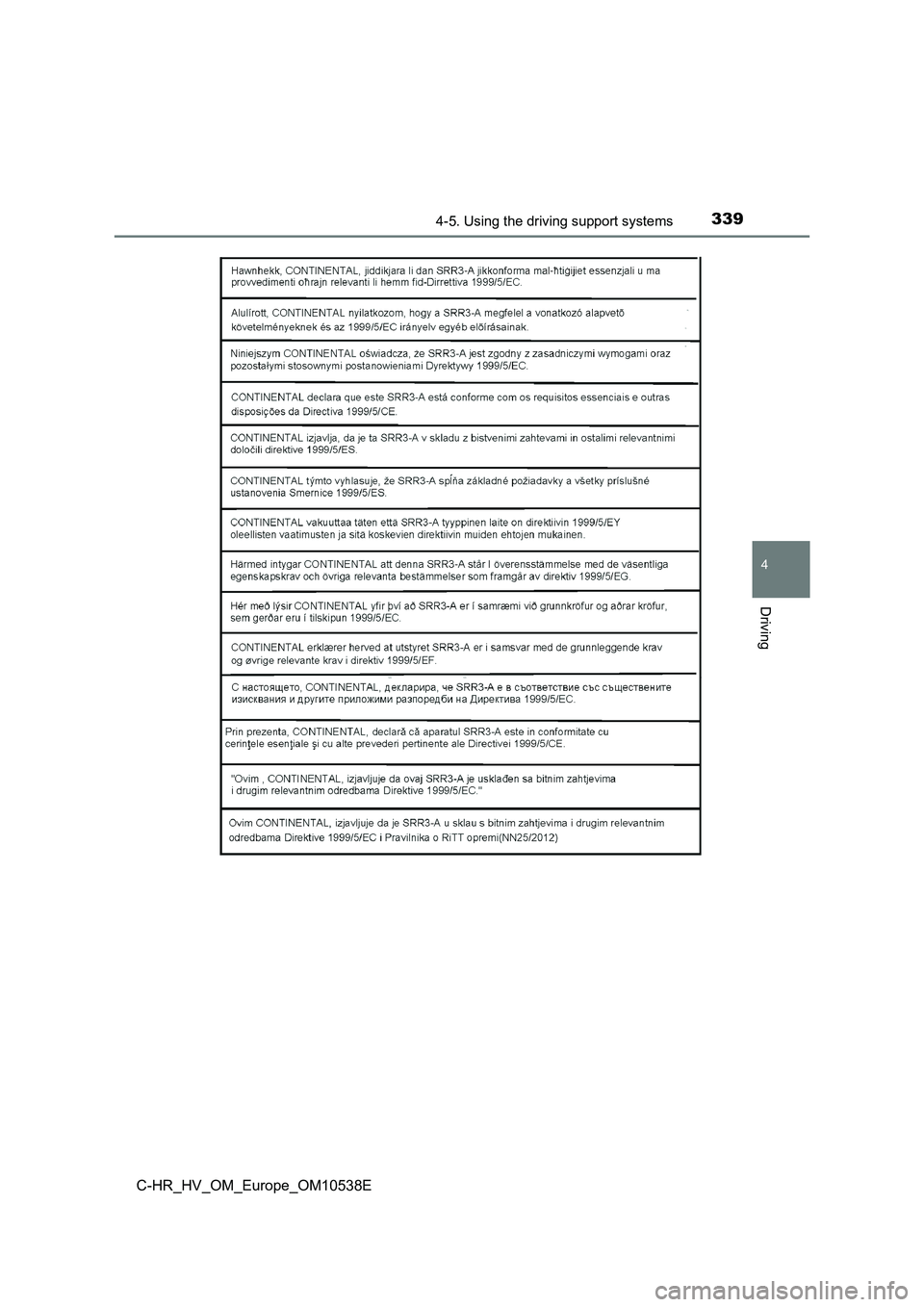 TOYOTA C_HR HYBRID 2017  Owners Manual 3394-5. Using the driving support systems
4
Driving
C-HR_HV_OM_Europe_OM10538E 