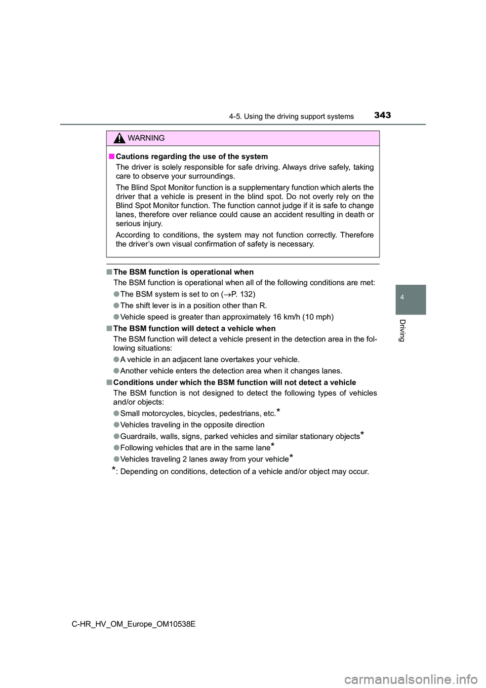TOYOTA C_HR HYBRID 2017 Owners Manual 3434-5. Using the driving support systems
4
Driving
C-HR_HV_OM_Europe_OM10538E
■The BSM function is operational when
The BSM function is operational when all of the following conditions are met:
TOYOTA C_HR HYBRID 2017 Owners Manual 3434-5. Using the driving support systems
4
Driving
C-HR_HV_OM_Europe_OM10538E
■The BSM function is operational when
The BSM function is operational when all of the following conditions are met: