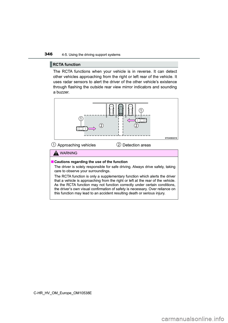 TOYOTA C_HR HYBRID 2017 Owners Manual 3464-5. Using the driving support systems
C-HR_HV_OM_Europe_OM10538E
The RCTA functions when your vehicle is in reverse. It can detect
other vehicles approaching from the right or left rear of the ve TOYOTA C_HR HYBRID 2017 Owners Manual 3464-5. Using the driving support systems
C-HR_HV_OM_Europe_OM10538E
The RCTA functions when your vehicle is in reverse. It can detect
other vehicles approaching from the right or left rear of the ve