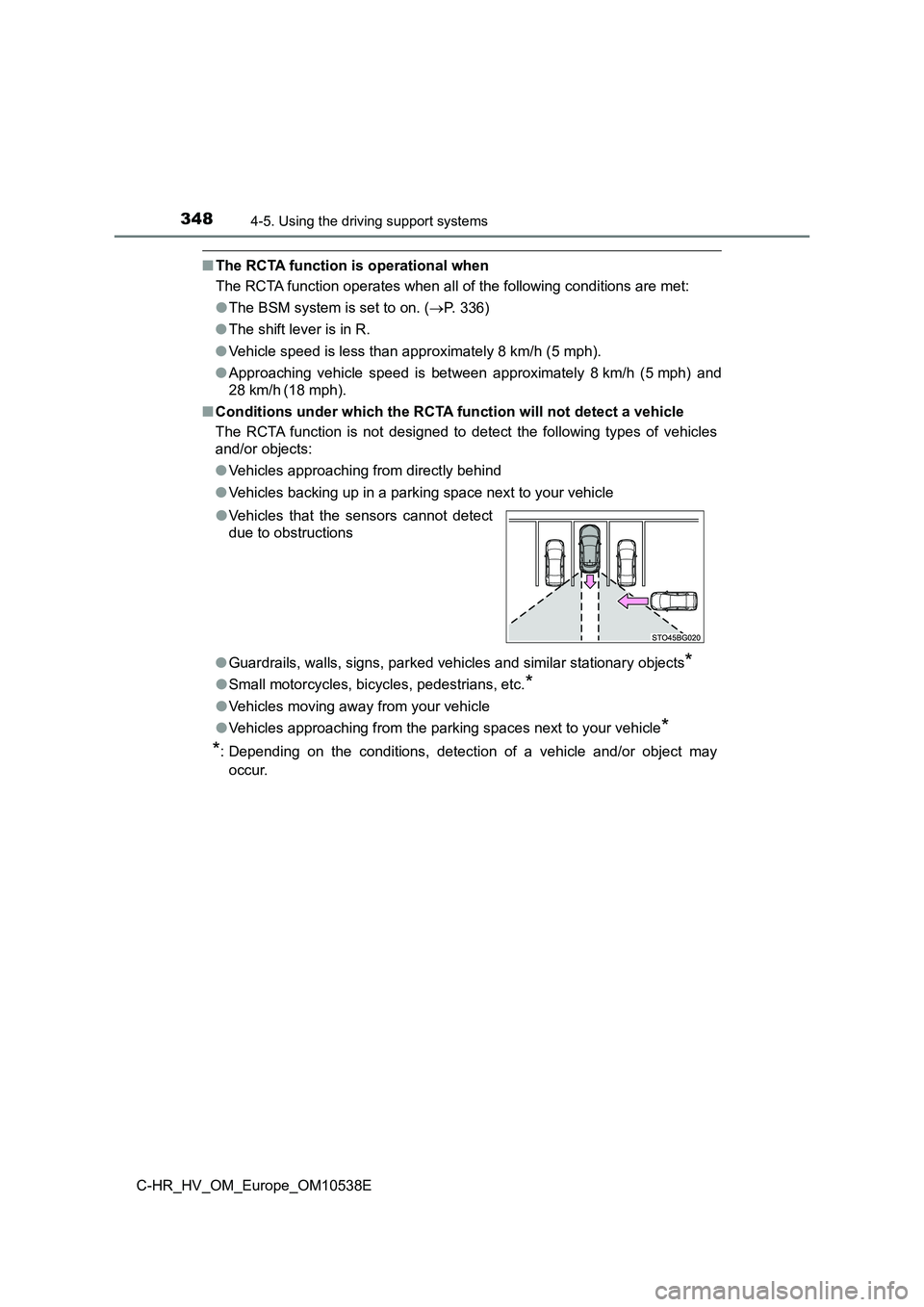 TOYOTA C_HR HYBRID 2017 Owners Manual 3484-5. Using the driving support systems
C-HR_HV_OM_Europe_OM10538E
■The RCTA function is operational when
The RCTA function operates when all of the following conditions are met:
● The BSM sys TOYOTA C_HR HYBRID 2017 Owners Manual 3484-5. Using the driving support systems
C-HR_HV_OM_Europe_OM10538E
■The RCTA function is operational when
The RCTA function operates when all of the following conditions are met:
● The BSM sys