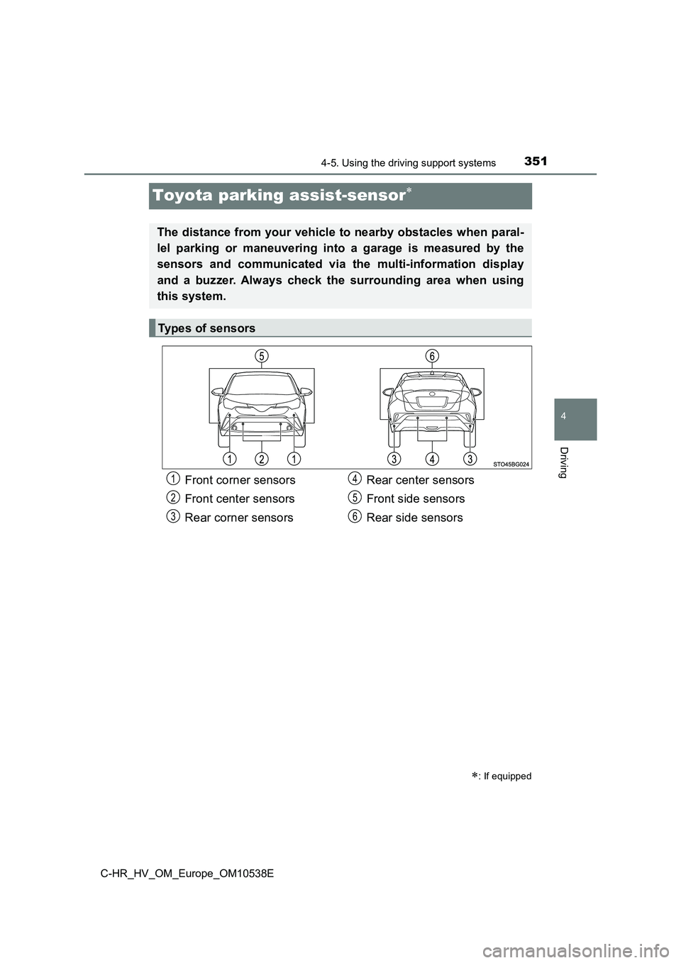 TOYOTA C_HR HYBRID 2017 Owners Manual 351
4
4-5. Using the driving support systems
Driving
C-HR_HV_OM_Europe_OM10538E
Toyota parking assist-sensor
: If equipped
The distance from your vehicle to nearby obstacles when paral-
lel par TOYOTA C_HR HYBRID 2017 Owners Manual 351
4
4-5. Using the driving support systems
Driving
C-HR_HV_OM_Europe_OM10538E
Toyota parking assist-sensor
: If equipped
The distance from your vehicle to nearby obstacles when paral-
lel par