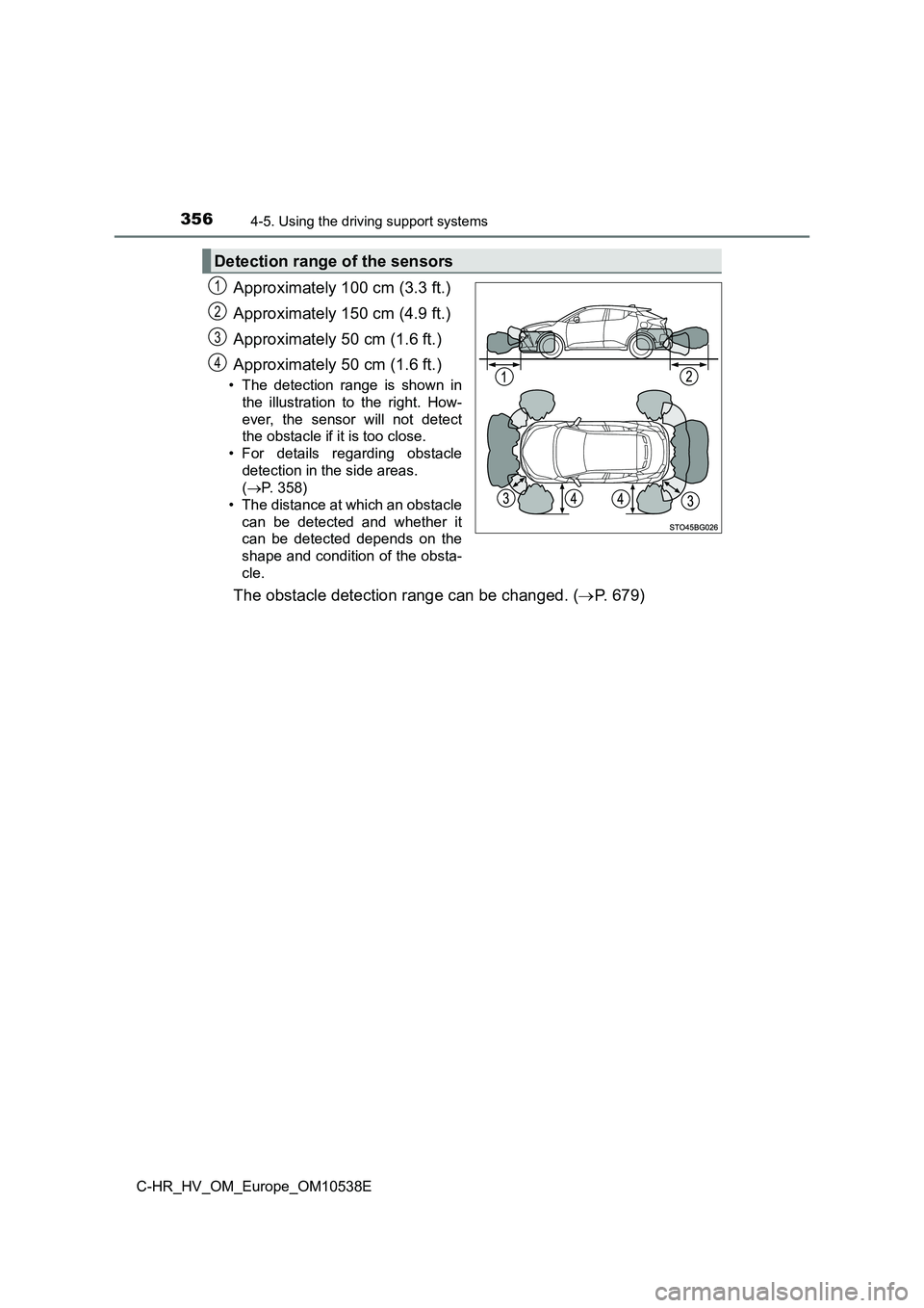 TOYOTA C_HR HYBRID 2017 Owners Manual 3564-5. Using the driving support systems
C-HR_HV_OM_Europe_OM10538E
Approximately 100 cm (3.3 ft.)
Approximately 150 cm (4.9 ft.)
Approximately 50 cm (1.6 ft.)
Approximately 50 cm (1.6 ft.)
• Th TOYOTA C_HR HYBRID 2017 Owners Manual 3564-5. Using the driving support systems
C-HR_HV_OM_Europe_OM10538E
Approximately 100 cm (3.3 ft.)
Approximately 150 cm (4.9 ft.)
Approximately 50 cm (1.6 ft.)
Approximately 50 cm (1.6 ft.)
• Th