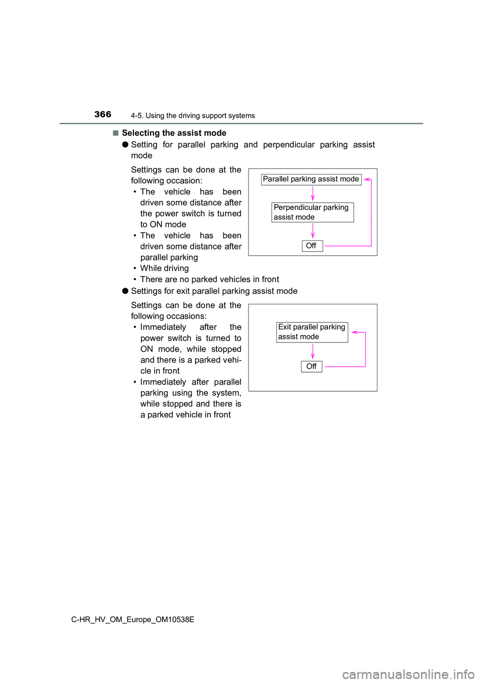 TOYOTA C_HR HYBRID 2017 Owners Manual 3664-5. Using the driving support systems
C-HR_HV_OM_Europe_OM10538E
■Selecting the assist mode
● Setting for parallel parking and perpendicular parking assist
mode
Settings can be done at the TOYOTA C_HR HYBRID 2017 Owners Manual 3664-5. Using the driving support systems
C-HR_HV_OM_Europe_OM10538E
■Selecting the assist mode
● Setting for parallel parking and perpendicular parking assist
mode
Settings can be done at the