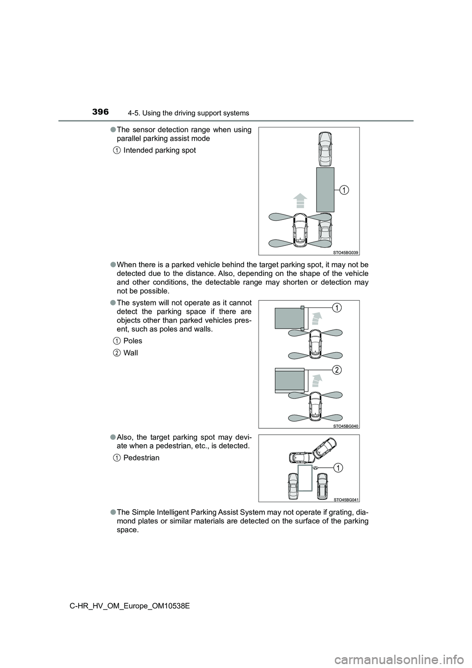 TOYOTA C_HR HYBRID 2017 Owners Manual 3964-5. Using the driving support systems
C-HR_HV_OM_Europe_OM10538E
● When there is a parked vehicle behind the target parking spot, it may not be
detected due to the distance. Also, depending on TOYOTA C_HR HYBRID 2017 Owners Manual 3964-5. Using the driving support systems
C-HR_HV_OM_Europe_OM10538E
● When there is a parked vehicle behind the target parking spot, it may not be
detected due to the distance. Also, depending on