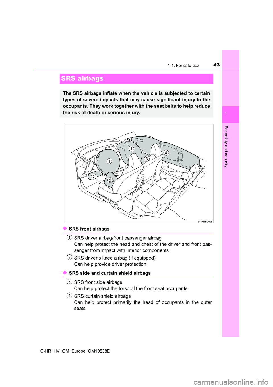 TOYOTA C_HR HYBRID 2017 Service Manual 431-1. For safe use
1
For safety and security
C-HR_HV_OM_Europe_OM10538E
SRS airbags
◆SRS front airbags
SRS driver airbag/front passenger airbag
Can help protect the head and chest of the driver a TOYOTA C_HR HYBRID 2017 Service Manual 431-1. For safe use
1
For safety and security
C-HR_HV_OM_Europe_OM10538E
SRS airbags
◆SRS front airbags
SRS driver airbag/front passenger airbag
Can help protect the head and chest of the driver a