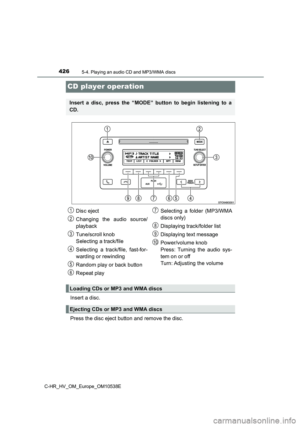 TOYOTA C_HR HYBRID 2017 Owners Manual 4265-4. Playing an audio CD and MP3/WMA discs
C-HR_HV_OM_Europe_OM10538E
CD player operation
Insert a disc.
Press the disc eject button and remove the disc.
Insert a disc, press the “MODE” button TOYOTA C_HR HYBRID 2017 Owners Manual 4265-4. Playing an audio CD and MP3/WMA discs
C-HR_HV_OM_Europe_OM10538E
CD player operation
Insert a disc.
Press the disc eject button and remove the disc.
Insert a disc, press the “MODE” button