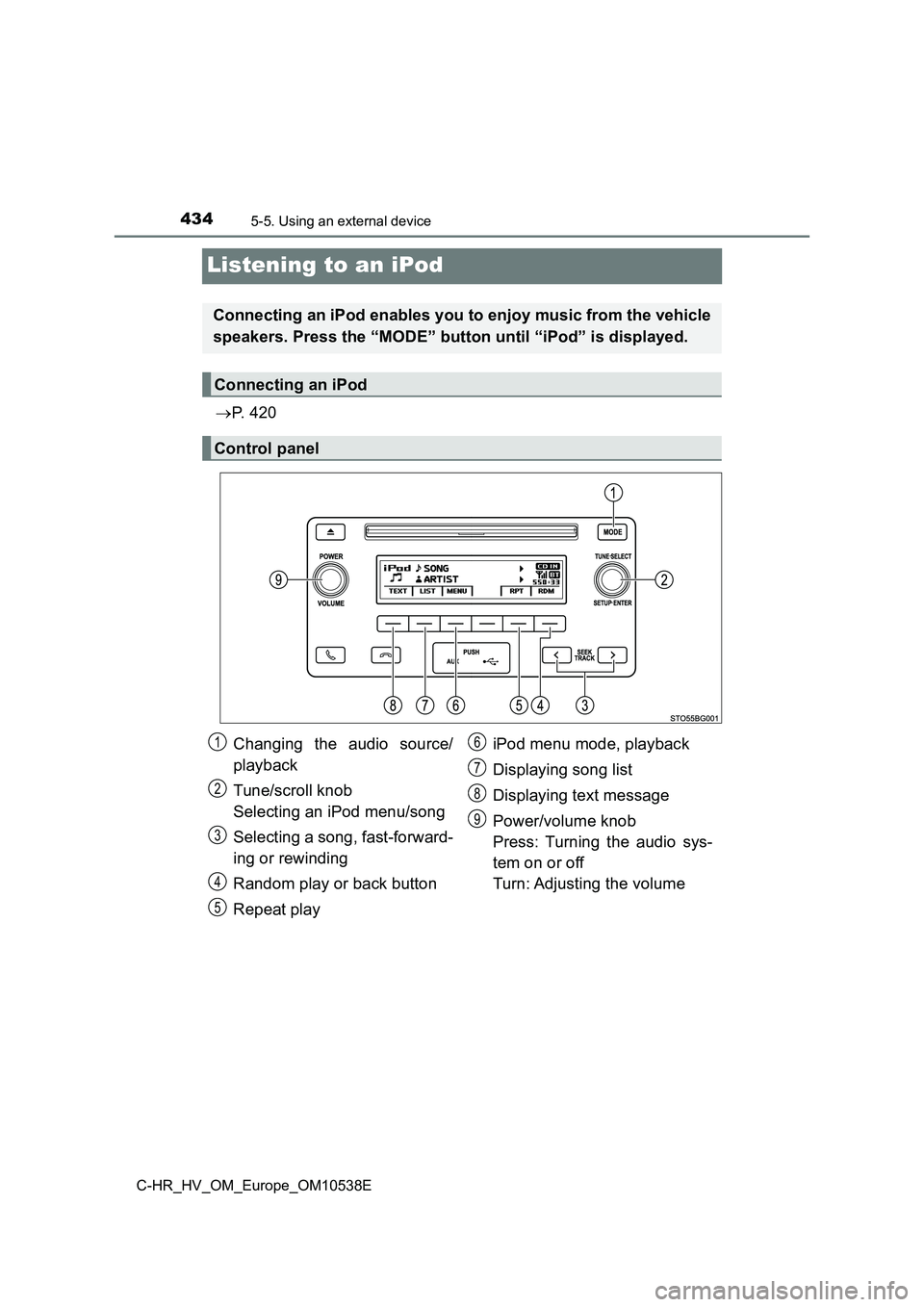 TOYOTA C_HR HYBRID 2017 Owners Manual 4345-5. Using an external device
C-HR_HV_OM_Europe_OM10538E
Listening to an iPod
P. 4 2 0
Connecting an iPod enables you to enjoy music from the vehicle
speakers. Press the “MODE” button unti TOYOTA C_HR HYBRID 2017 Owners Manual 4345-5. Using an external device
C-HR_HV_OM_Europe_OM10538E
Listening to an iPod
P. 4 2 0
Connecting an iPod enables you to enjoy music from the vehicle
speakers. Press the “MODE” button unti