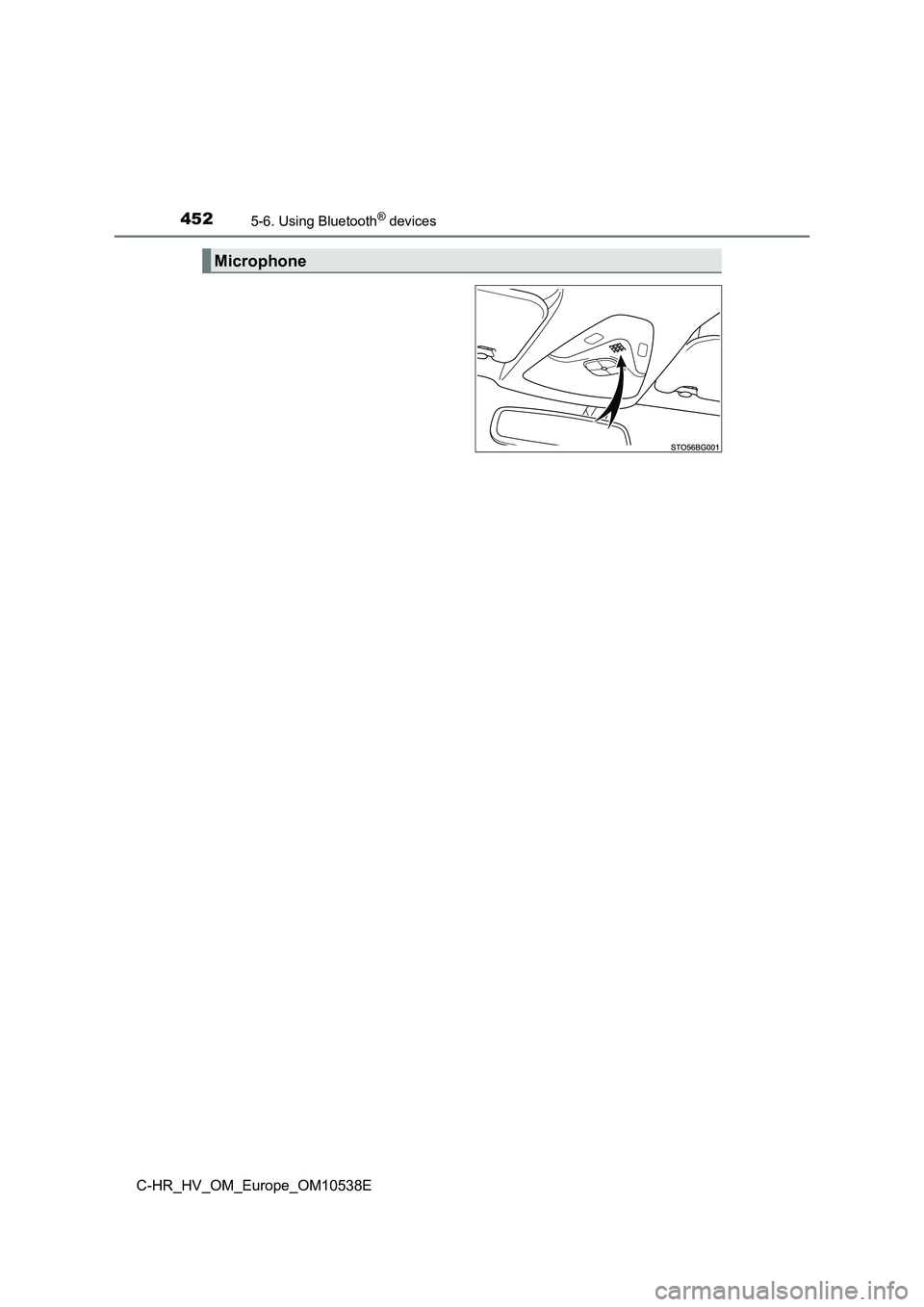 TOYOTA C_HR HYBRID 2017 Owners Manual 4525-6. Using Bluetooth® devices
C-HR_HV_OM_Europe_OM10538E
Microphone TOYOTA C_HR HYBRID 2017 Owners Manual 4525-6. Using Bluetooth® devices
C-HR_HV_OM_Europe_OM10538E
Microphone