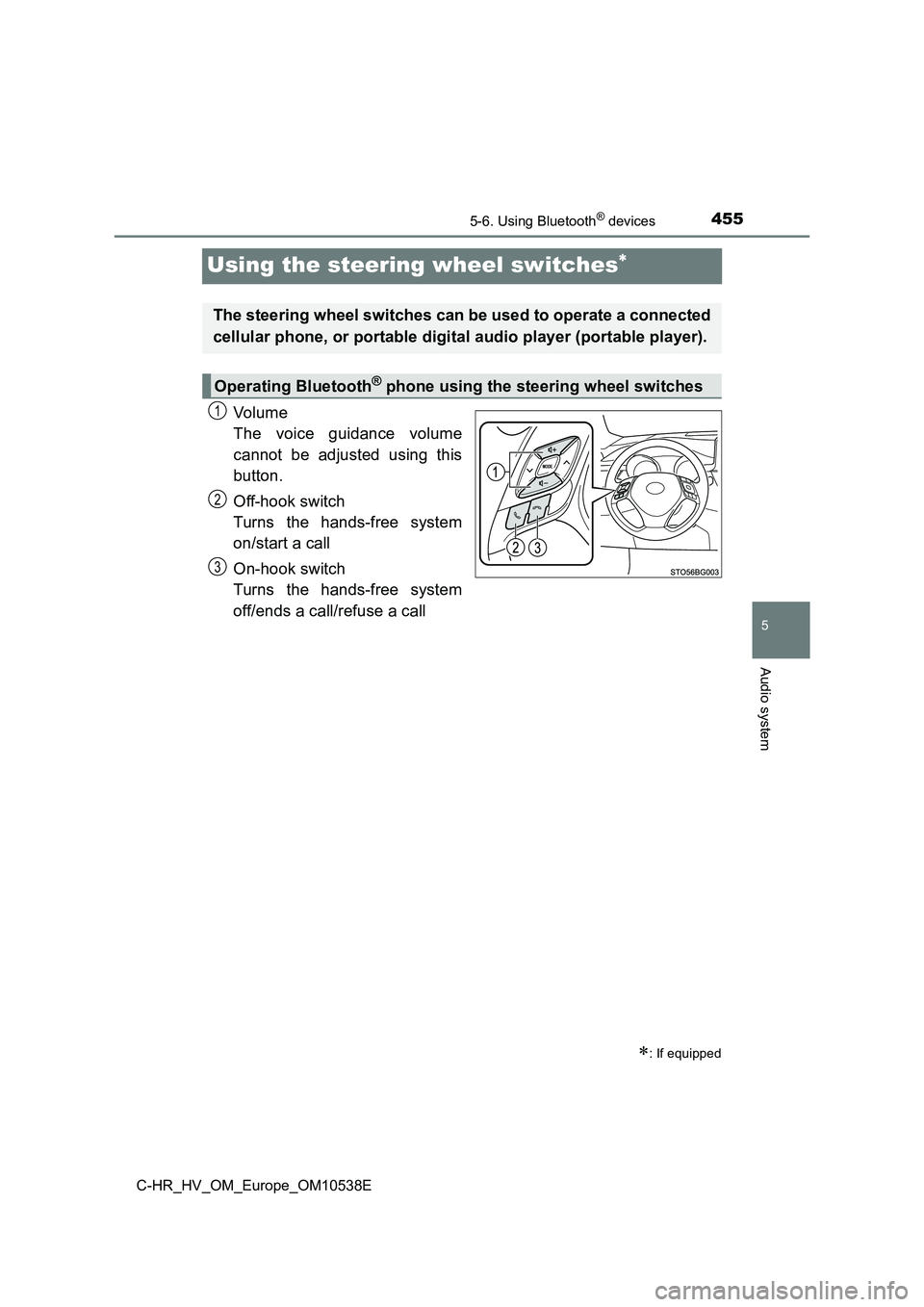 TOYOTA C_HR HYBRID 2017 Owners Manual 455
5
5-6. Using Bluetooth® devices
Audio system
C-HR_HV_OM_Europe_OM10538E
Using the steering wheel switches
Vo lu m e
The voice guidance volume
cannot be adjusted using this
button.
Off-hook TOYOTA C_HR HYBRID 2017 Owners Manual 455
5
5-6. Using Bluetooth® devices
Audio system
C-HR_HV_OM_Europe_OM10538E
Using the steering wheel switches
Vo lu m e
The voice guidance volume
cannot be adjusted using this
button.
Off-hook