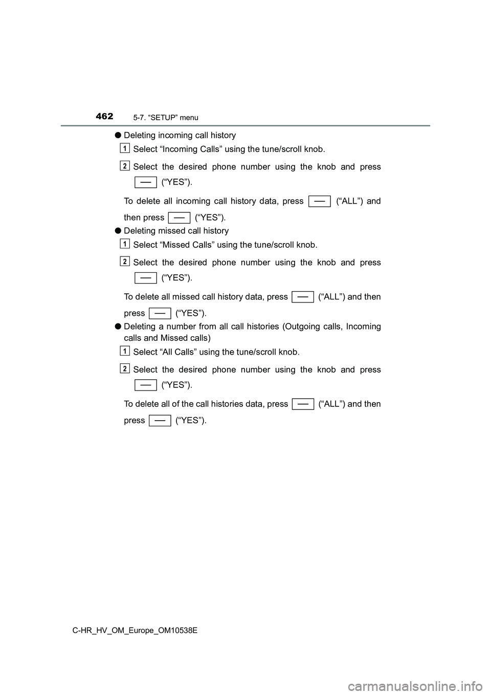 TOYOTA C_HR HYBRID 2017 Owners Manual 4625-7. “SETUP” menu
C-HR_HV_OM_Europe_OM10538E
●Deleting incoming call history
Select “Incoming Calls” using the tune/scroll knob.
Select the desired phone number using the knob and press TOYOTA C_HR HYBRID 2017 Owners Manual 4625-7. “SETUP” menu
C-HR_HV_OM_Europe_OM10538E
●Deleting incoming call history
Select “Incoming Calls” using the tune/scroll knob.
Select the desired phone number using the knob and press