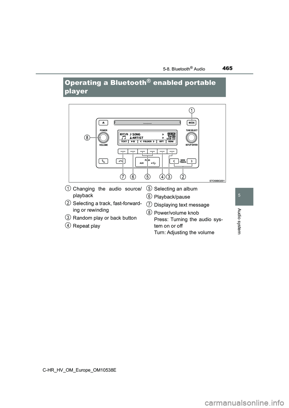 TOYOTA C_HR HYBRID 2017 Owners Manual 465
5
5-8. Bluetooth® Audio
Audio system
C-HR_HV_OM_Europe_OM10538E
Operating a Bluetooth® enabled portable
player
Changing the audio source/
playback
Selecting a track, fast-forward-
ing or re TOYOTA C_HR HYBRID 2017 Owners Manual 465
5
5-8. Bluetooth® Audio
Audio system
C-HR_HV_OM_Europe_OM10538E
Operating a Bluetooth® enabled portable
player
Changing the audio source/
playback
Selecting a track, fast-forward-
ing or re