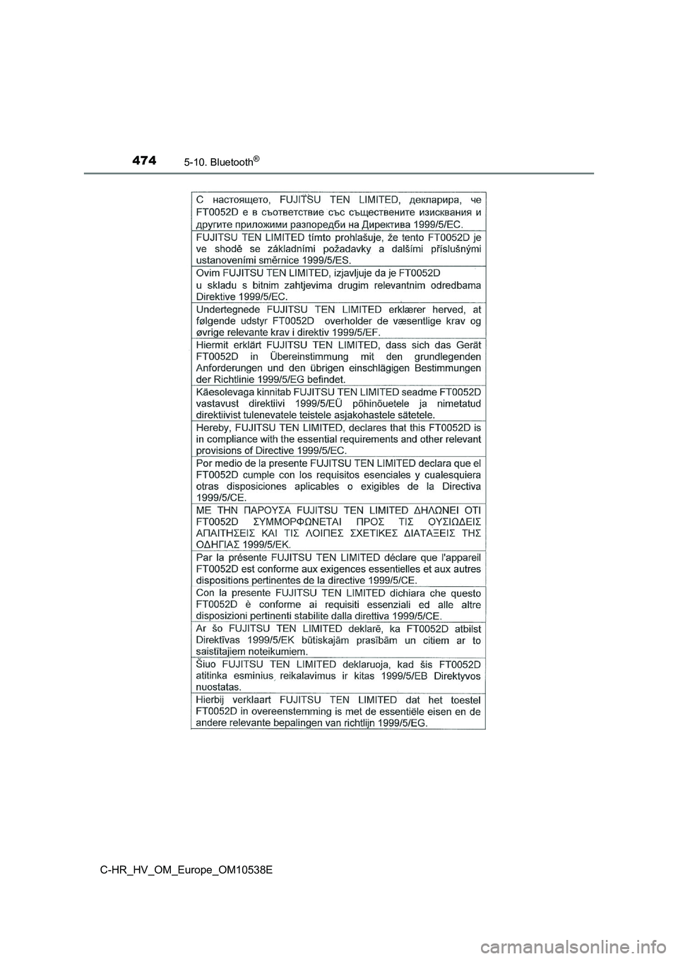 TOYOTA C_HR HYBRID 2017  Owners Manual 4745-10. Bluetooth®
C-HR_HV_OM_Europe_OM10538E 