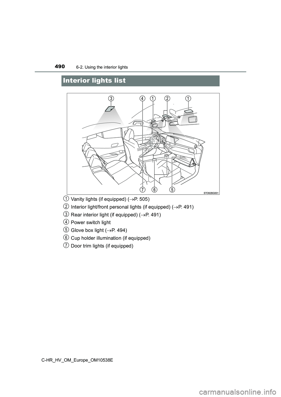 TOYOTA C_HR HYBRID 2017 Owners Manual 4906-2. Using the interior lights
C-HR_HV_OM_Europe_OM10538E
Interior lights list
Vanity lights (if equipped) (P. 505)
Interior light/front personal lights (if equipped) ( P. 491)
Rear interio TOYOTA C_HR HYBRID 2017 Owners Manual 4906-2. Using the interior lights
C-HR_HV_OM_Europe_OM10538E
Interior lights list
Vanity lights (if equipped) (P. 505)
Interior light/front personal lights (if equipped) ( P. 491)
Rear interio