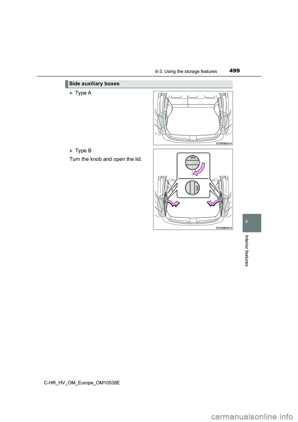 TOYOTA C_HR HYBRID 2017  Owners Manual 4996-3. Using the storage features
C-HR_HV_OM_Europe_OM10538E
6
Interior features
Ty pe  A
Ty pe  B 
Turn the knob and open the lid.
Side auxiliary boxes 