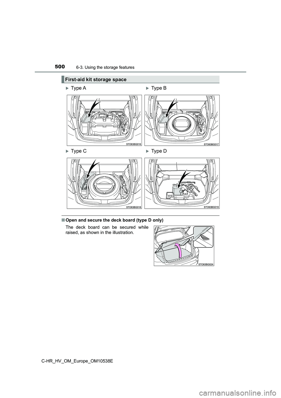 TOYOTA C_HR HYBRID 2017  Owners Manual 5006-3. Using the storage features
C-HR_HV_OM_Europe_OM10538E
■Open and secure the deck board (type D only)
First-aid kit storage space
Ty pe  AType B
Ty pe  CType D
The deck board can b