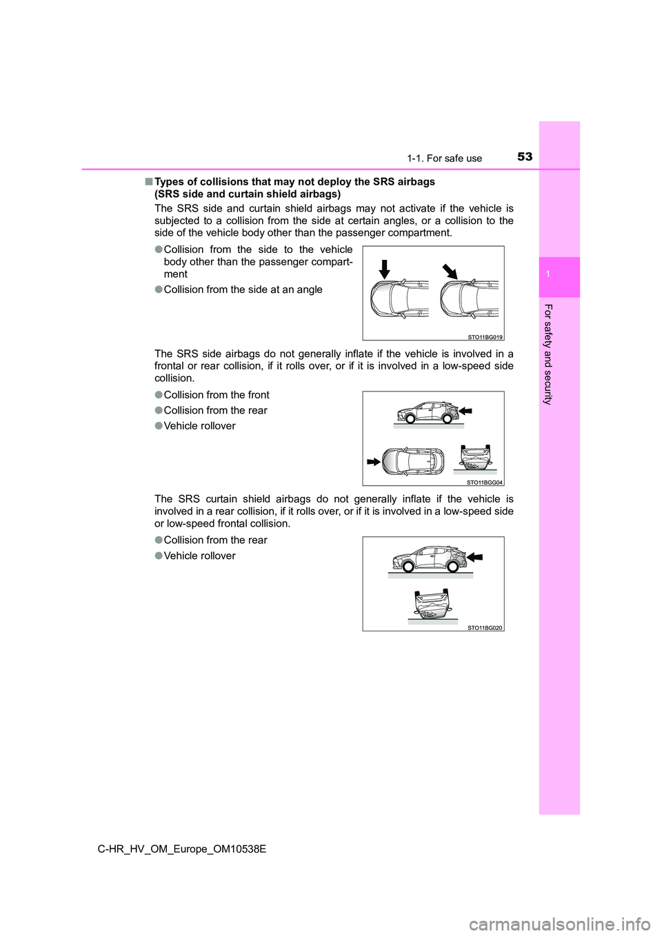TOYOTA C_HR HYBRID 2017 Workshop Manual 531-1. For safe use
1
For safety and security
C-HR_HV_OM_Europe_OM10538E
■ Types of collisions that may not deploy the SRS airbags
(SRS side and curtain shield airbags)
The SRS side and curtain TOYOTA C_HR HYBRID 2017 Workshop Manual 531-1. For safe use
1
For safety and security
C-HR_HV_OM_Europe_OM10538E
■ Types of collisions that may not deploy the SRS airbags
(SRS side and curtain shield airbags)
The SRS side and curtain